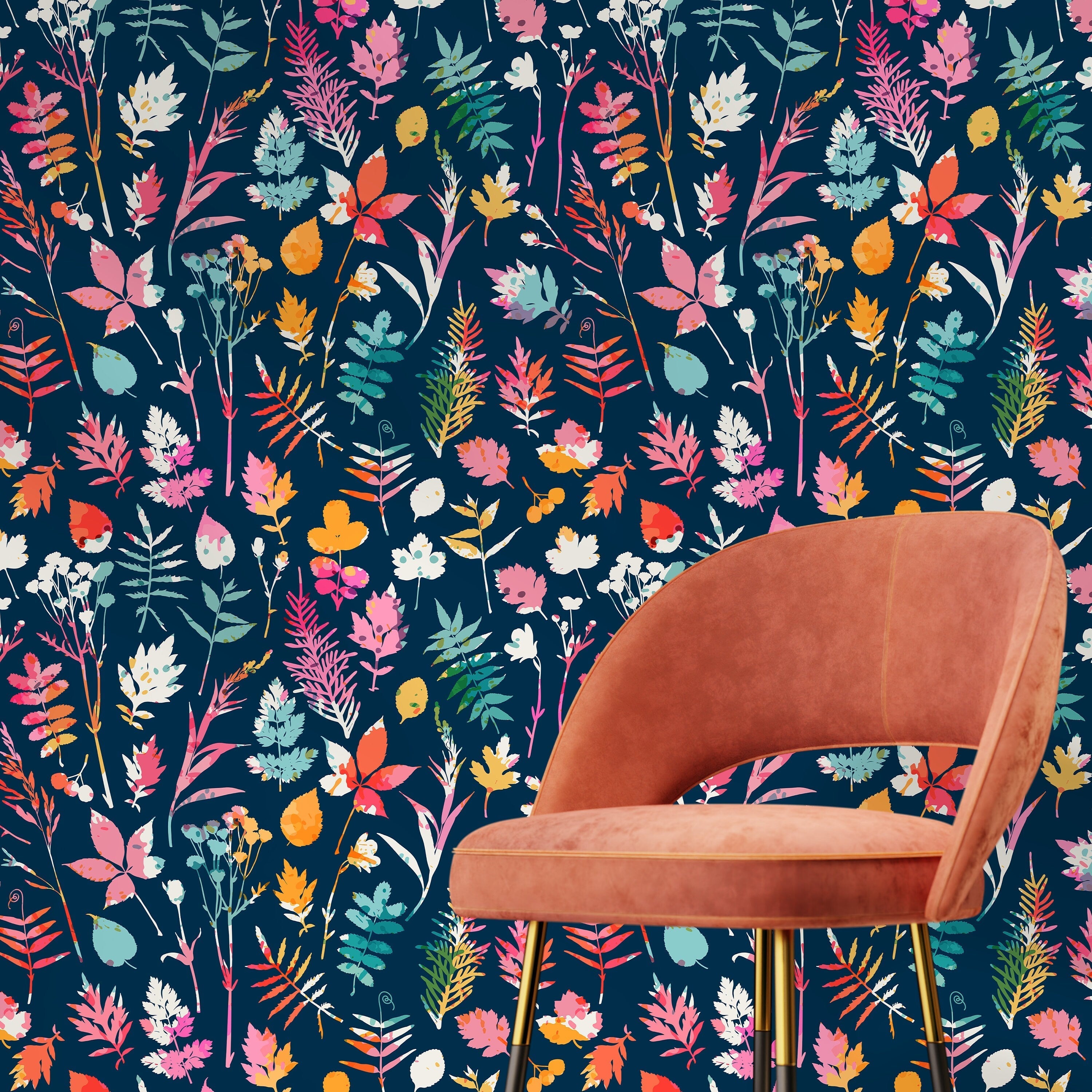 Botanical Wallpaper Featuring Colorful Foliage In Pink, Orange, And Blue - D936