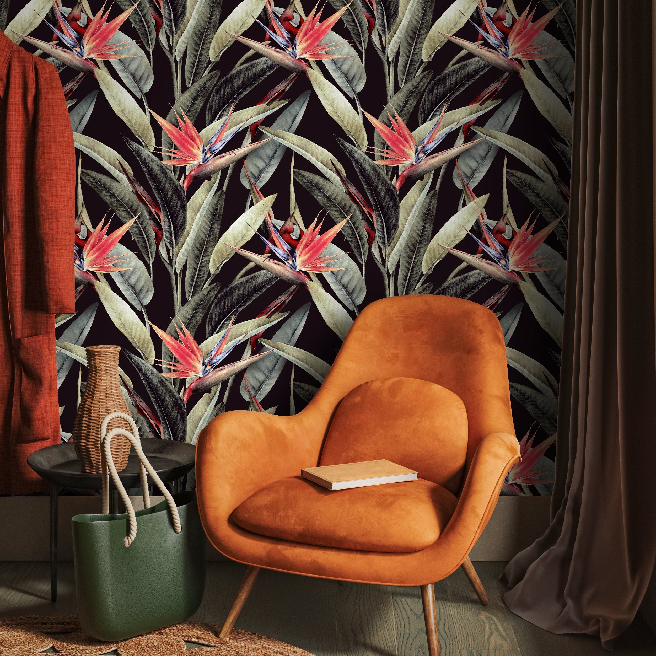Tropical Wallpaper With A Bird Of Paradise Motif In Black, Green, And Red - D951