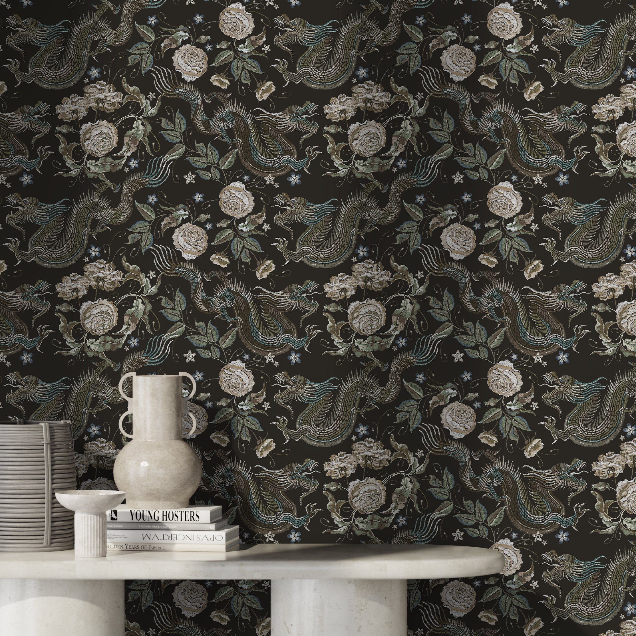 Chinoiserie Wallpaper With Embroidered Dragons And Roses In Green, Beige, And Blue - D881