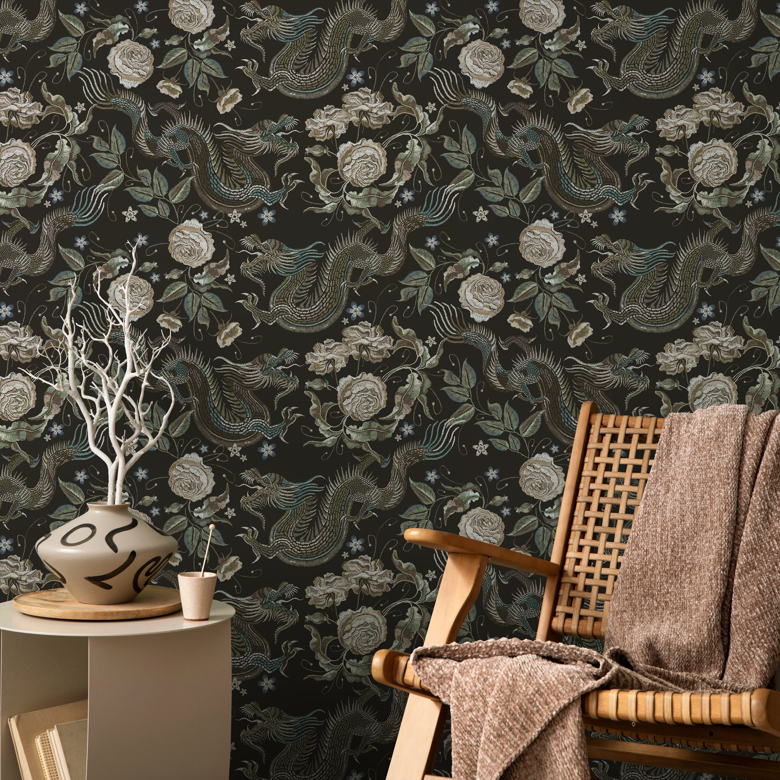 Chinoiserie Wallpaper With Embroidered Dragons And Roses In Green, Beige, And Blue - D881