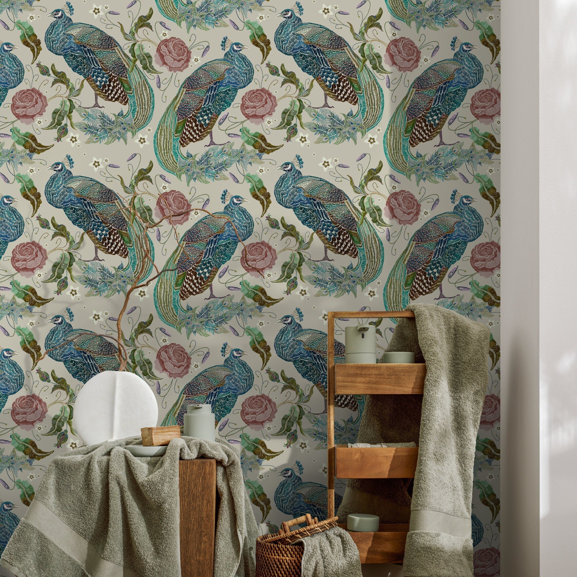 Peacock Wallpaper With An Embroidered Floral Motif In Blue, Green, And Pink - D883