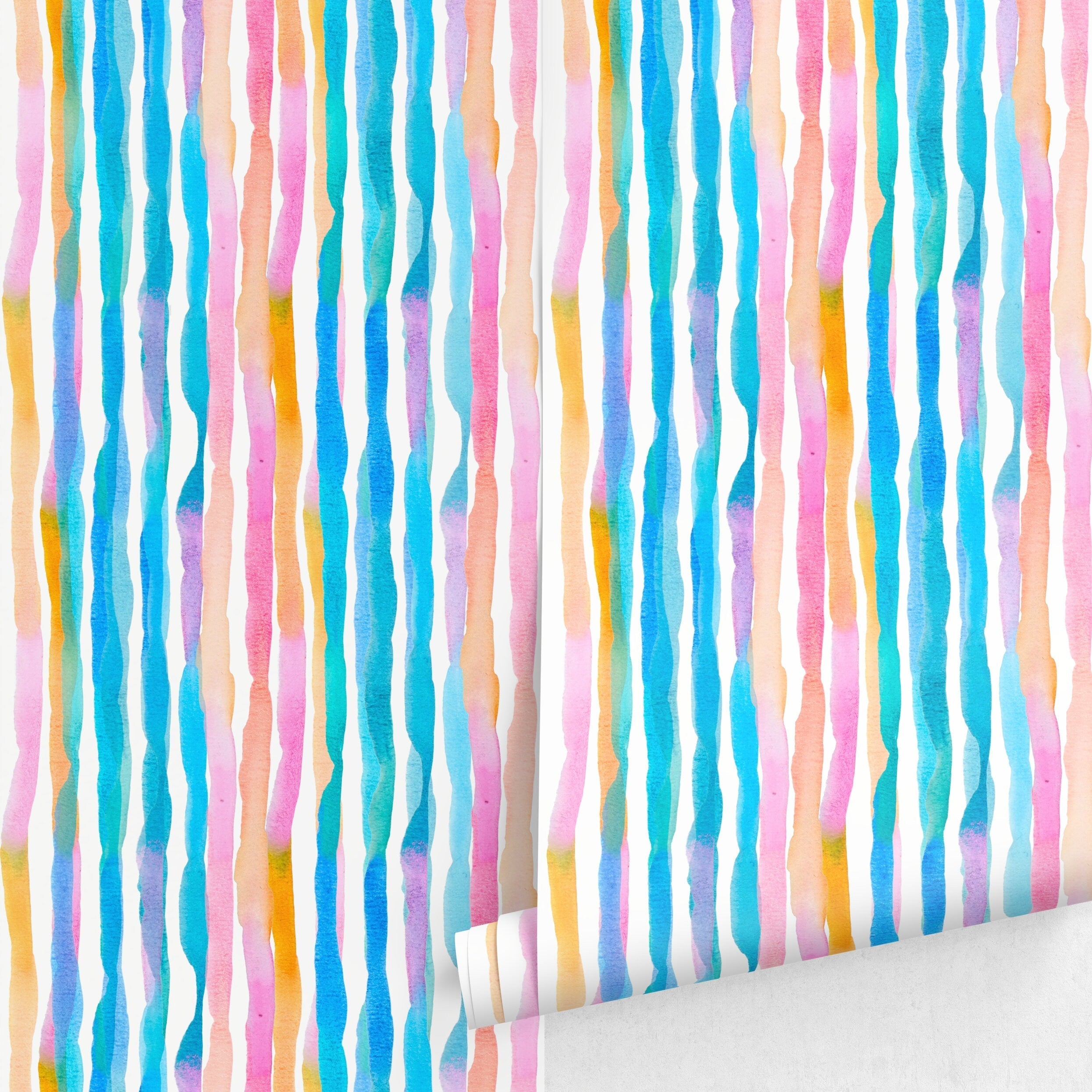 Watercolor Wallpaper With Colorful Vertical Stripes In Blue, Pink, And Orange - D954
