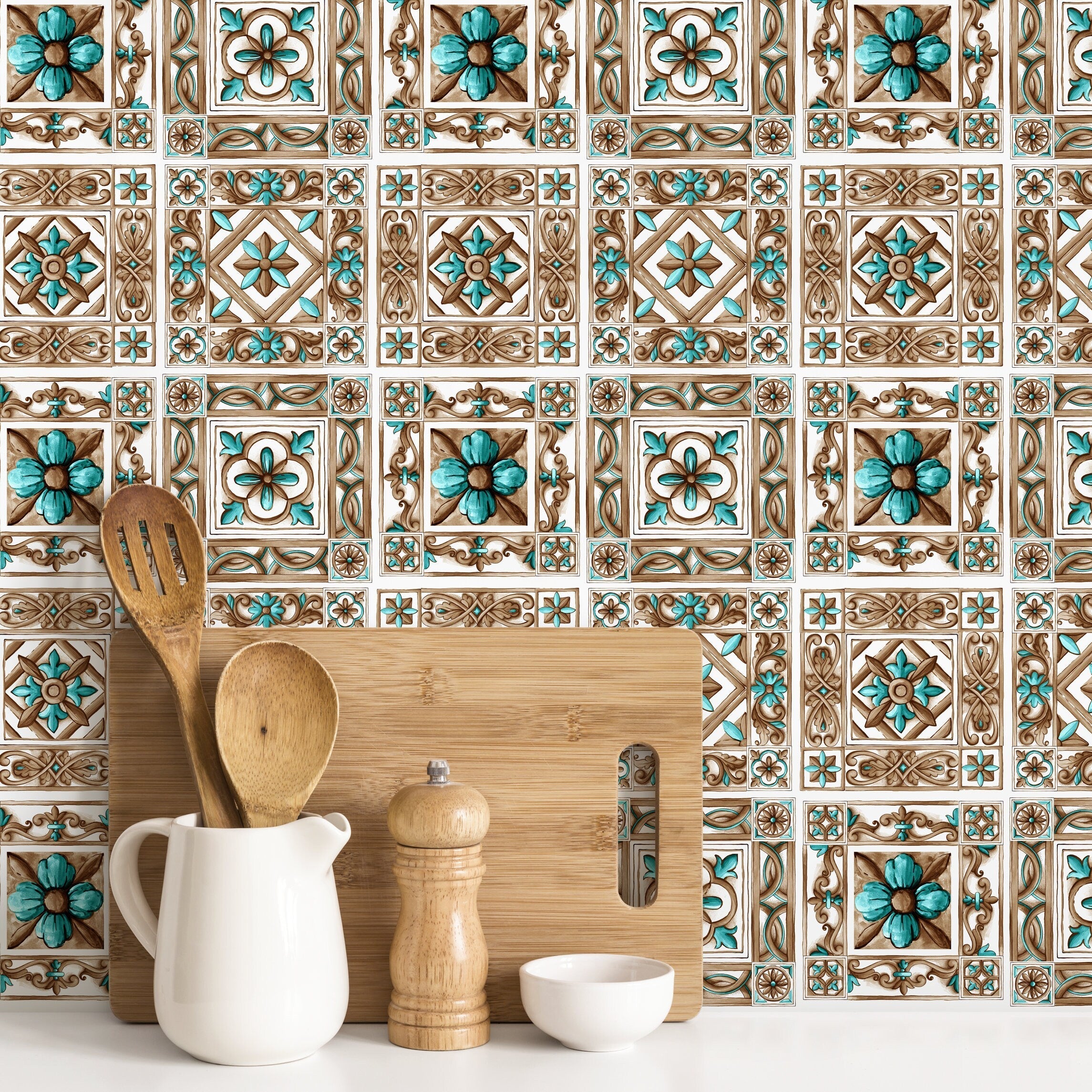 Tile Wallpaper With A Portuguese Azulejos Motif In Teal And Brown - D955