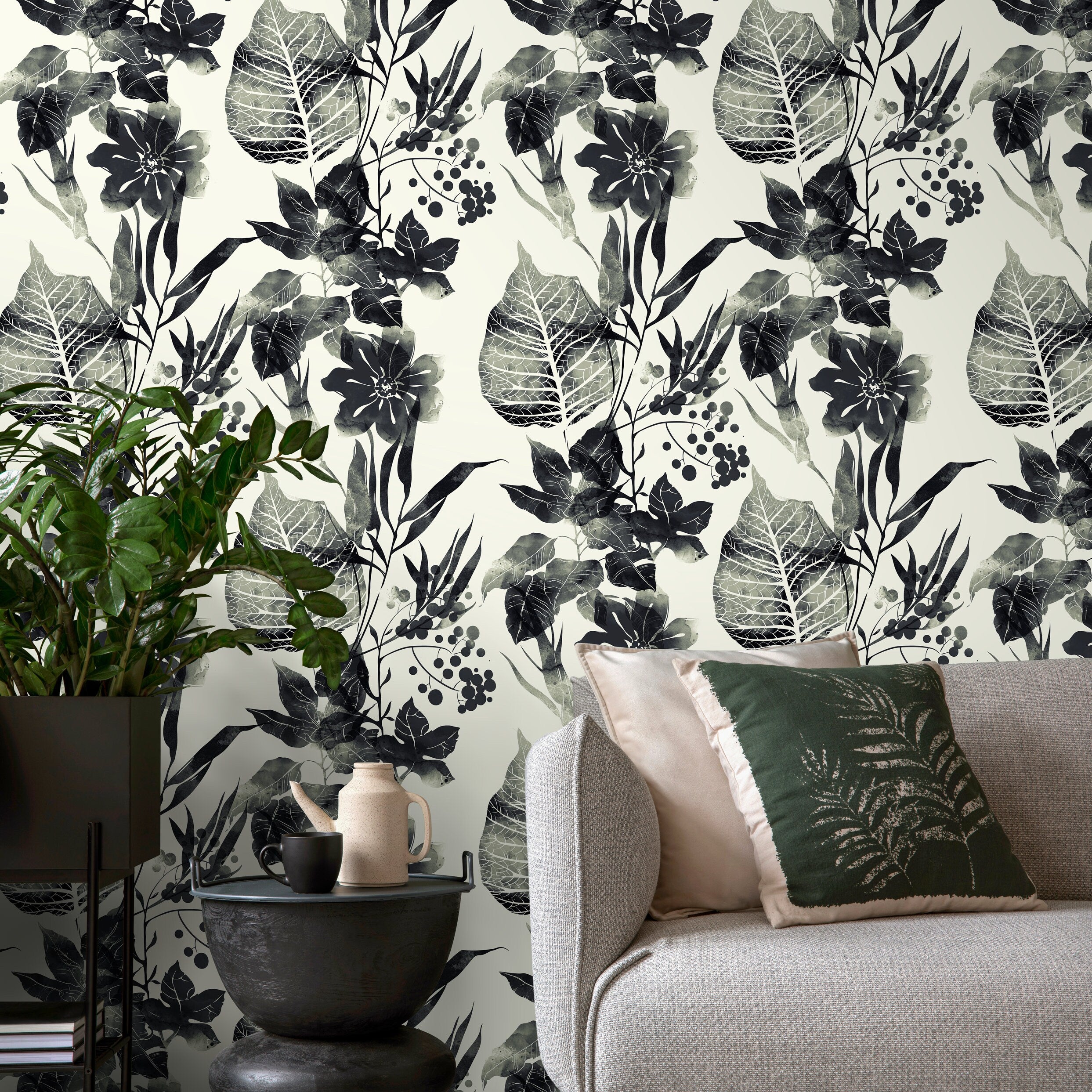 Floral Wallpaper With A Watercolor Motif Of Leaves And Berries In Black And White - D956