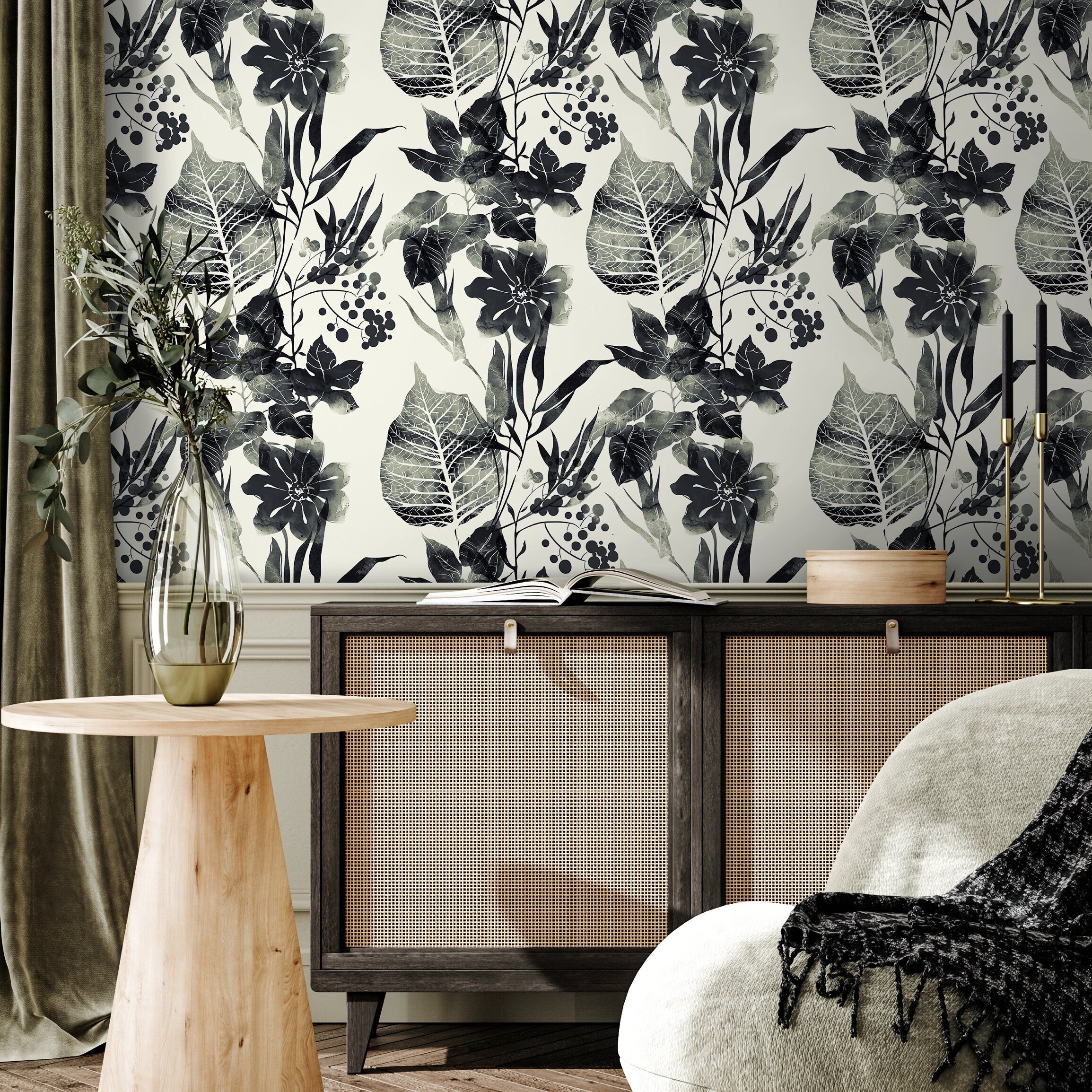 Floral Wallpaper With A Watercolor Motif Of Leaves And Berries In Black And White - D956