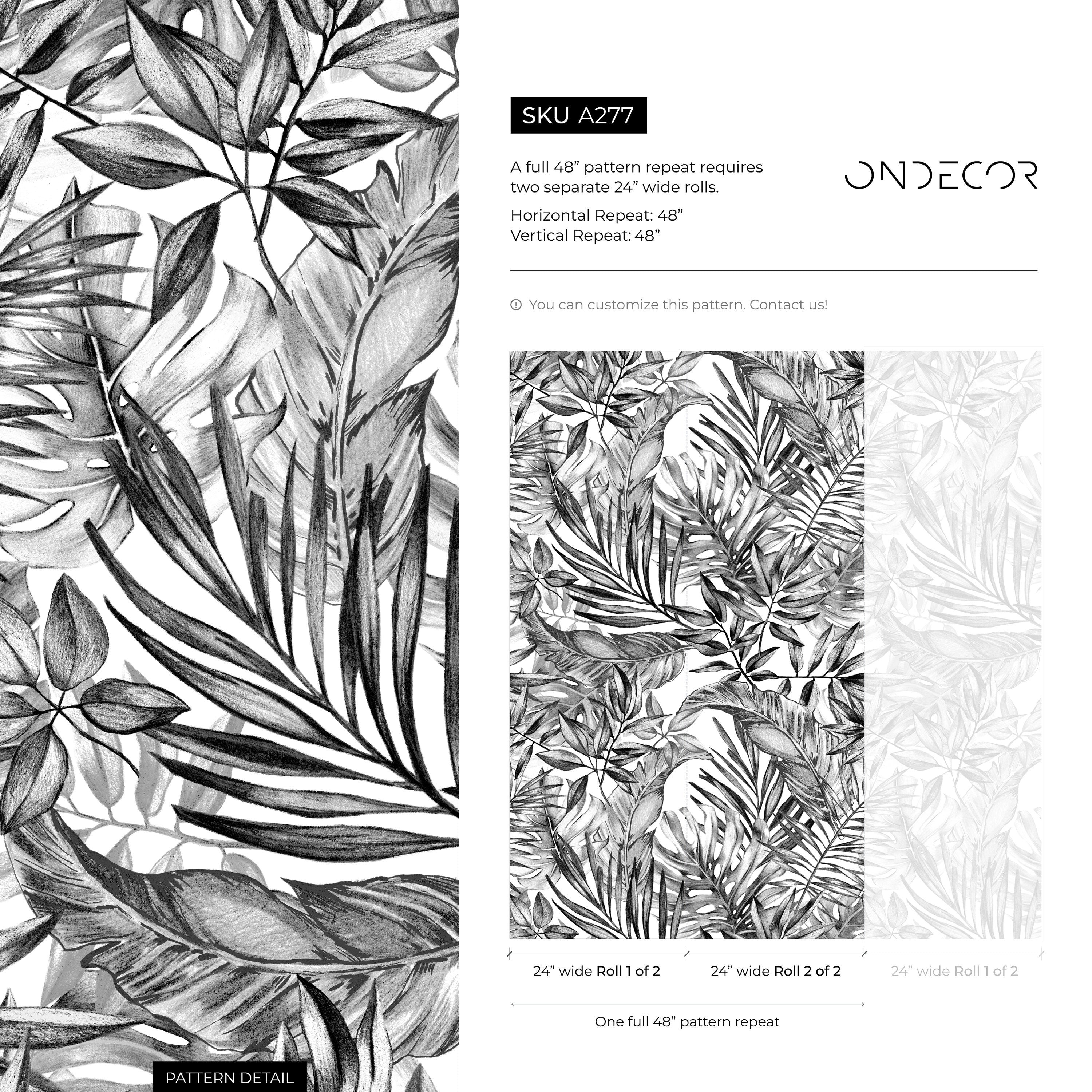 Tropical Wallpaper With A Jungle Foliage Sketch In Black And White - A277