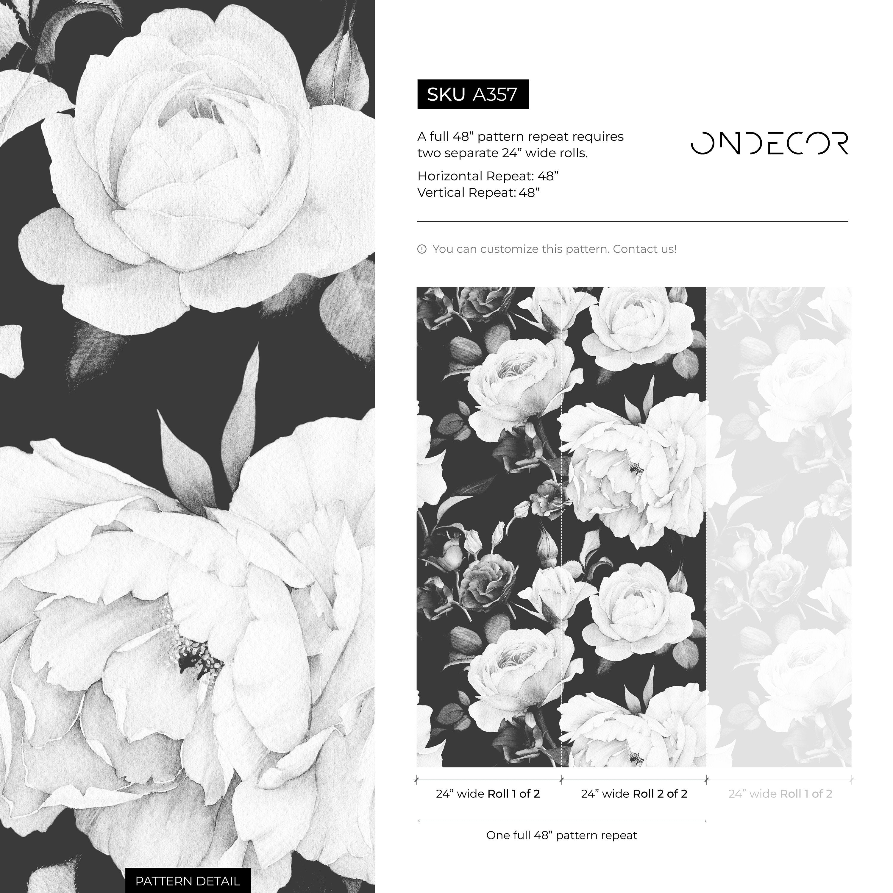 Floral Wallpaper With Large Vintage Roses In Black, White, And Gray - A357