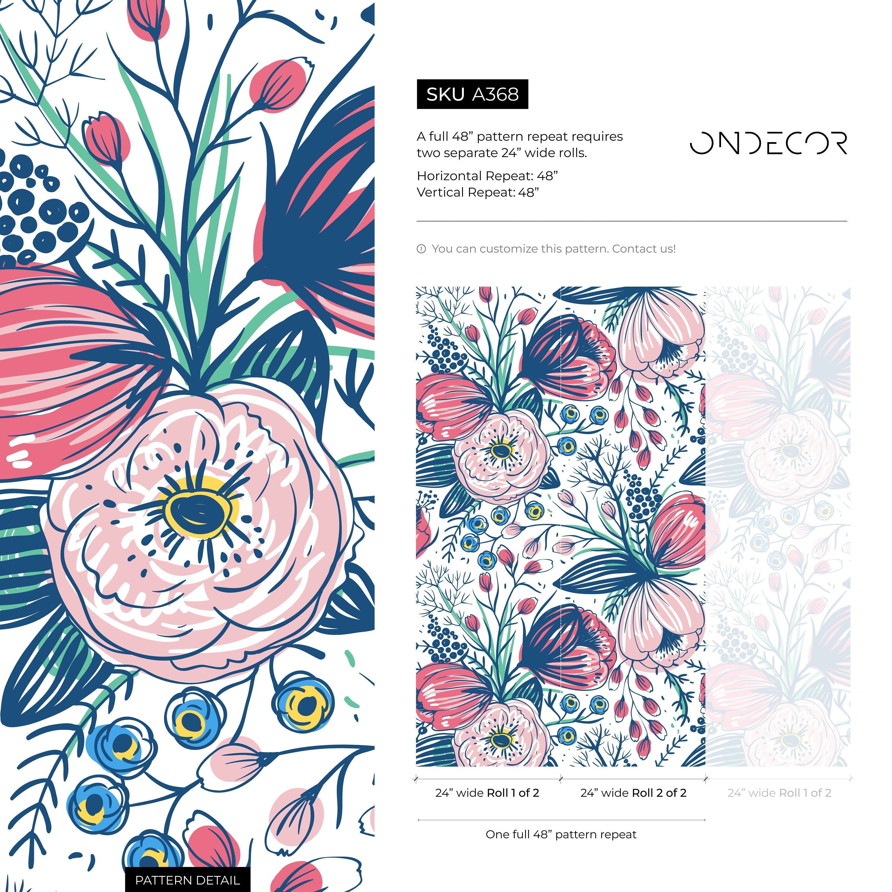 Boho Floral Wallpaper With Stylized Botanicals In Pink, Blue, And Yellow - A368