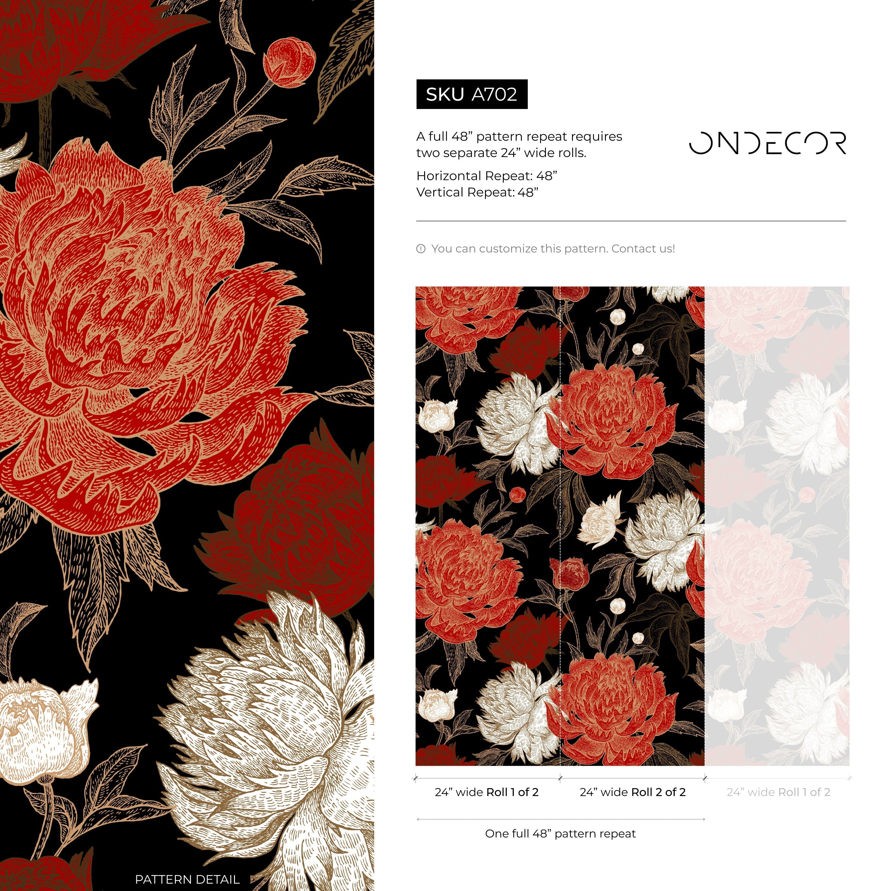 Floral Wallpaper With Engraved Peonies In Black, Red, And Gold - A702