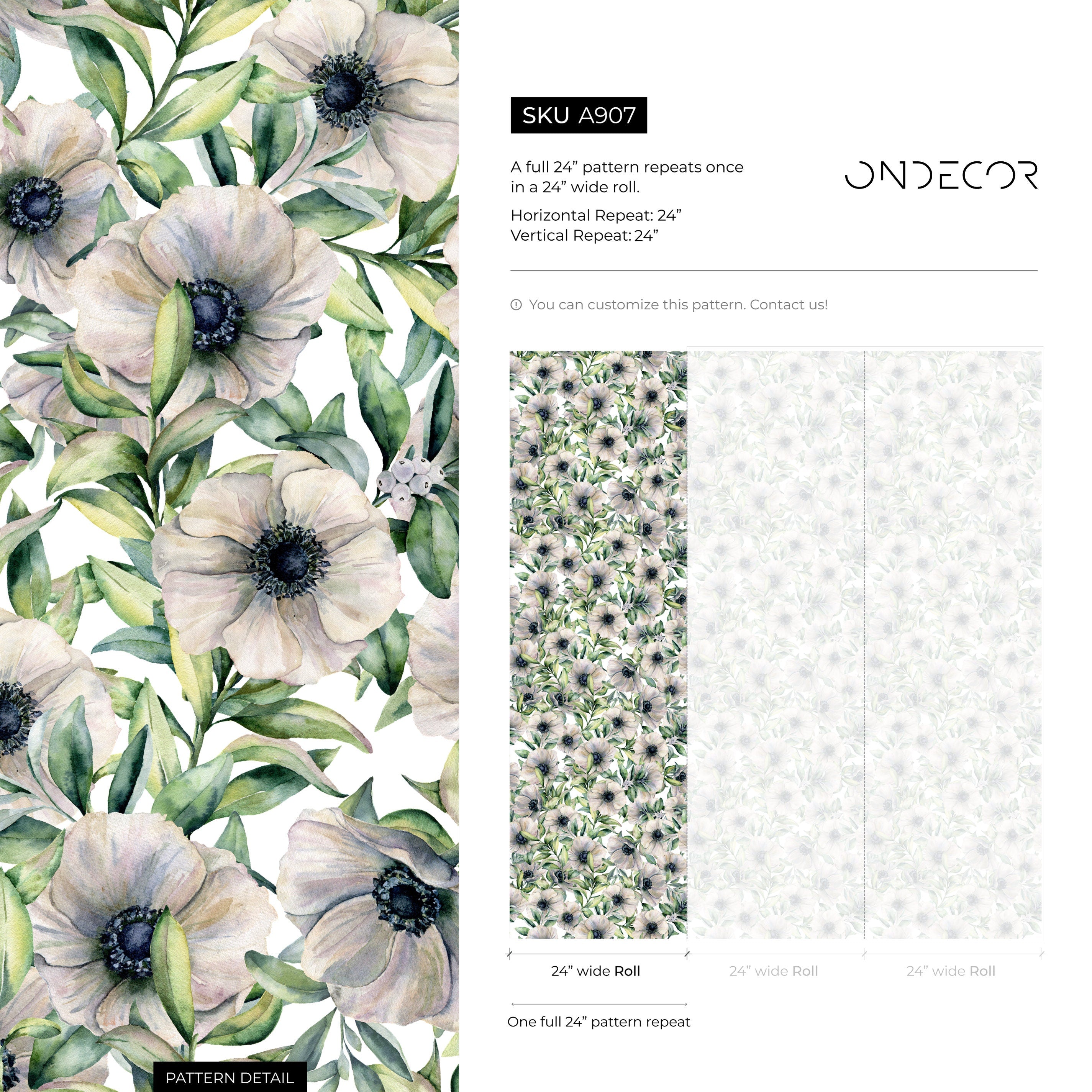 Floral Wallpaper With A Watercolor Anemone Motif In Gray, Green, And Black - A907