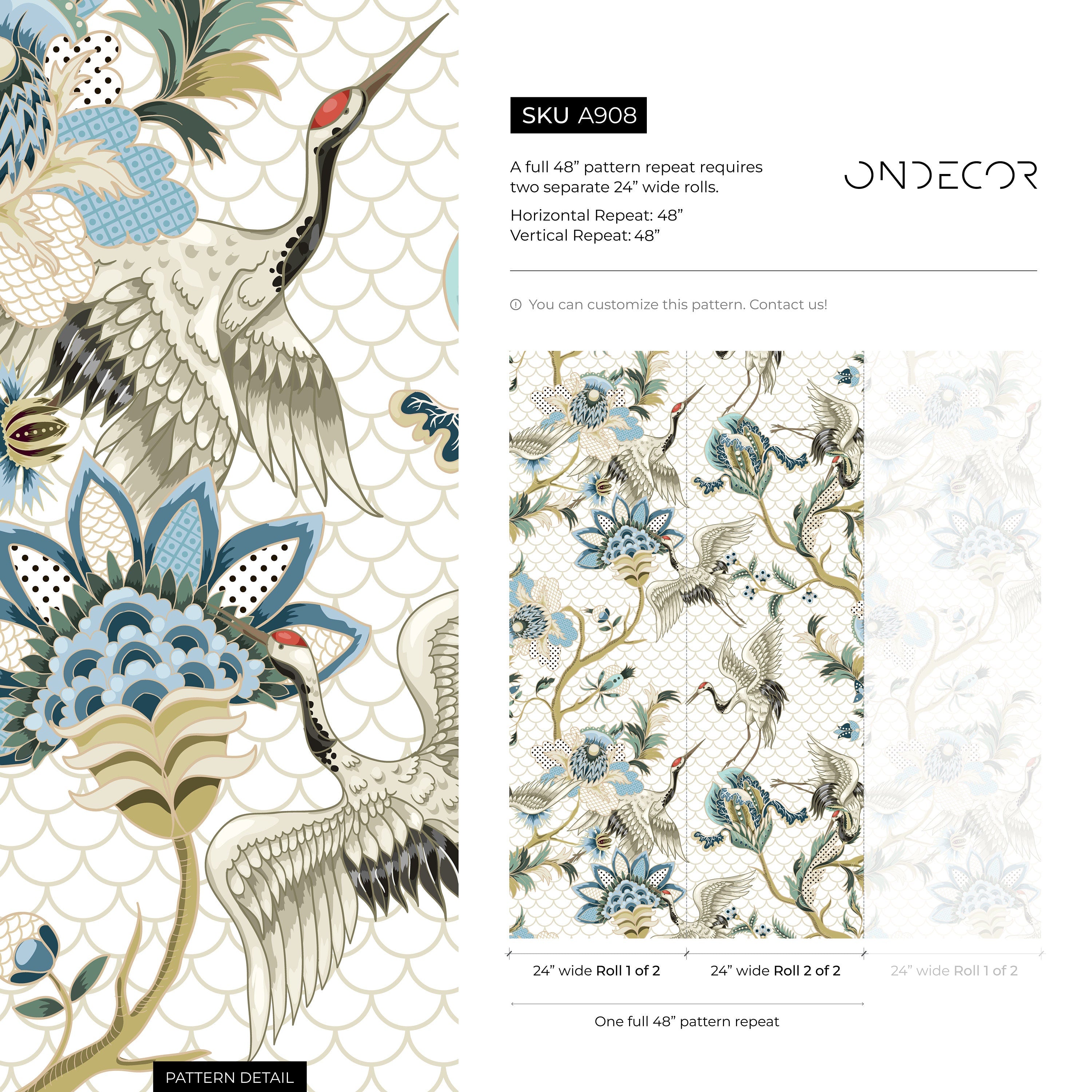 Chinoiserie Wallpaper With Elegant Cranes In Blue, Green, And Beige - A908