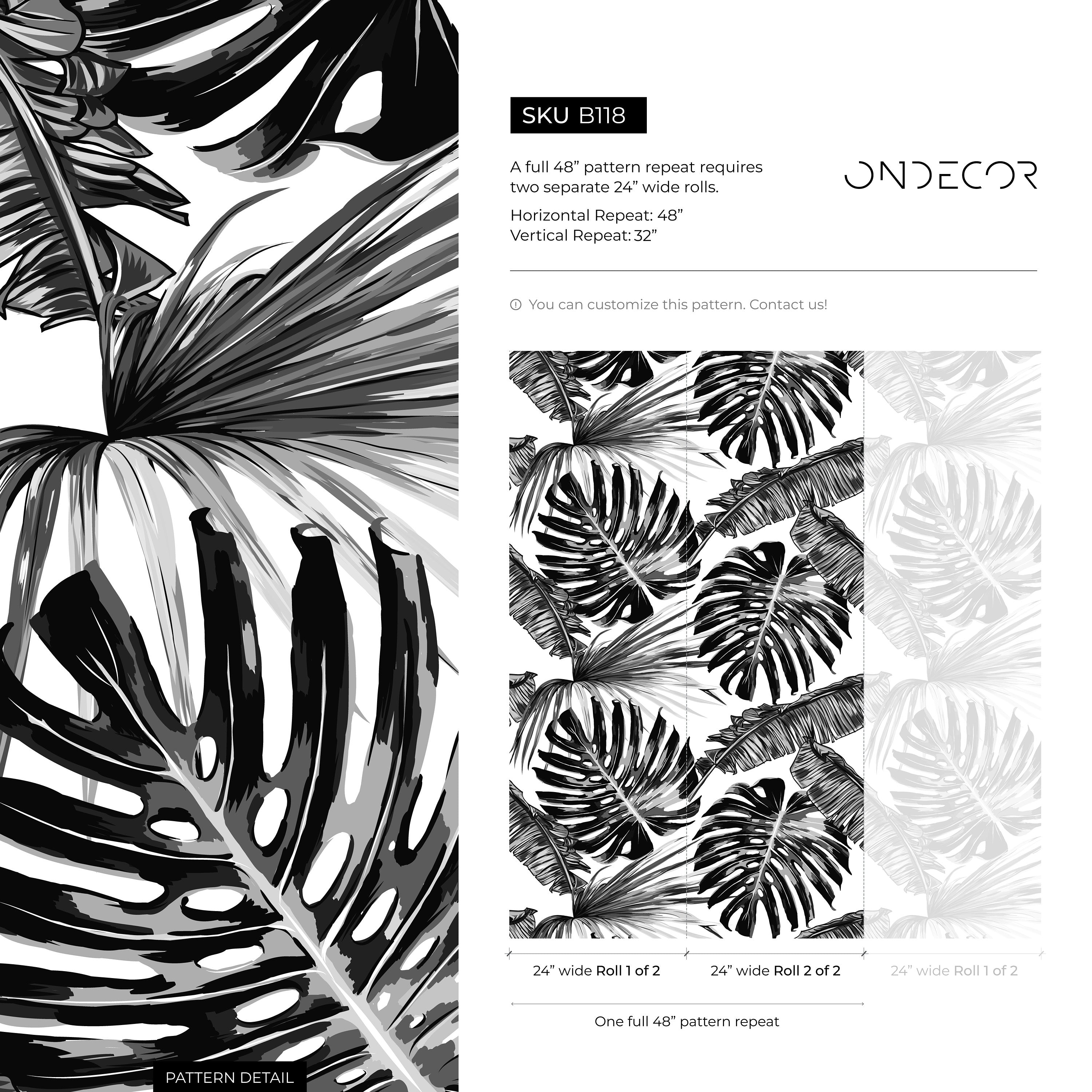 Botanical Wallpaper With Large-scale Monstera Leaves In Black And White - B118