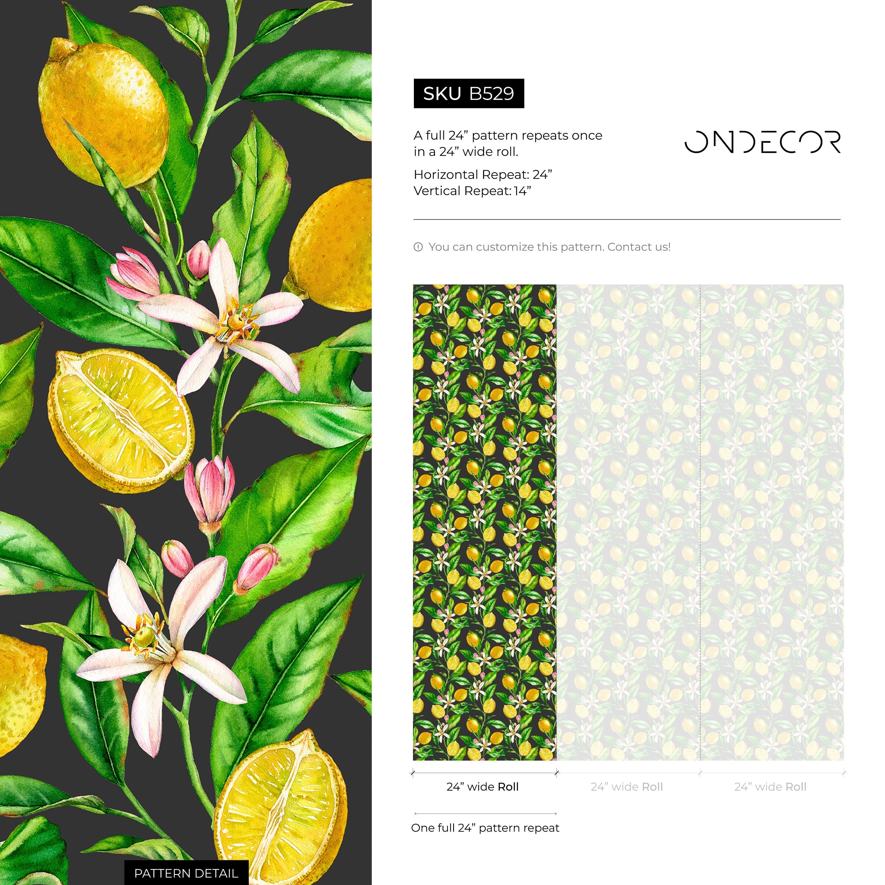 Botanical Wallpaper With A Lemon And Floral Motif In Yellow, Green, And Black - B529