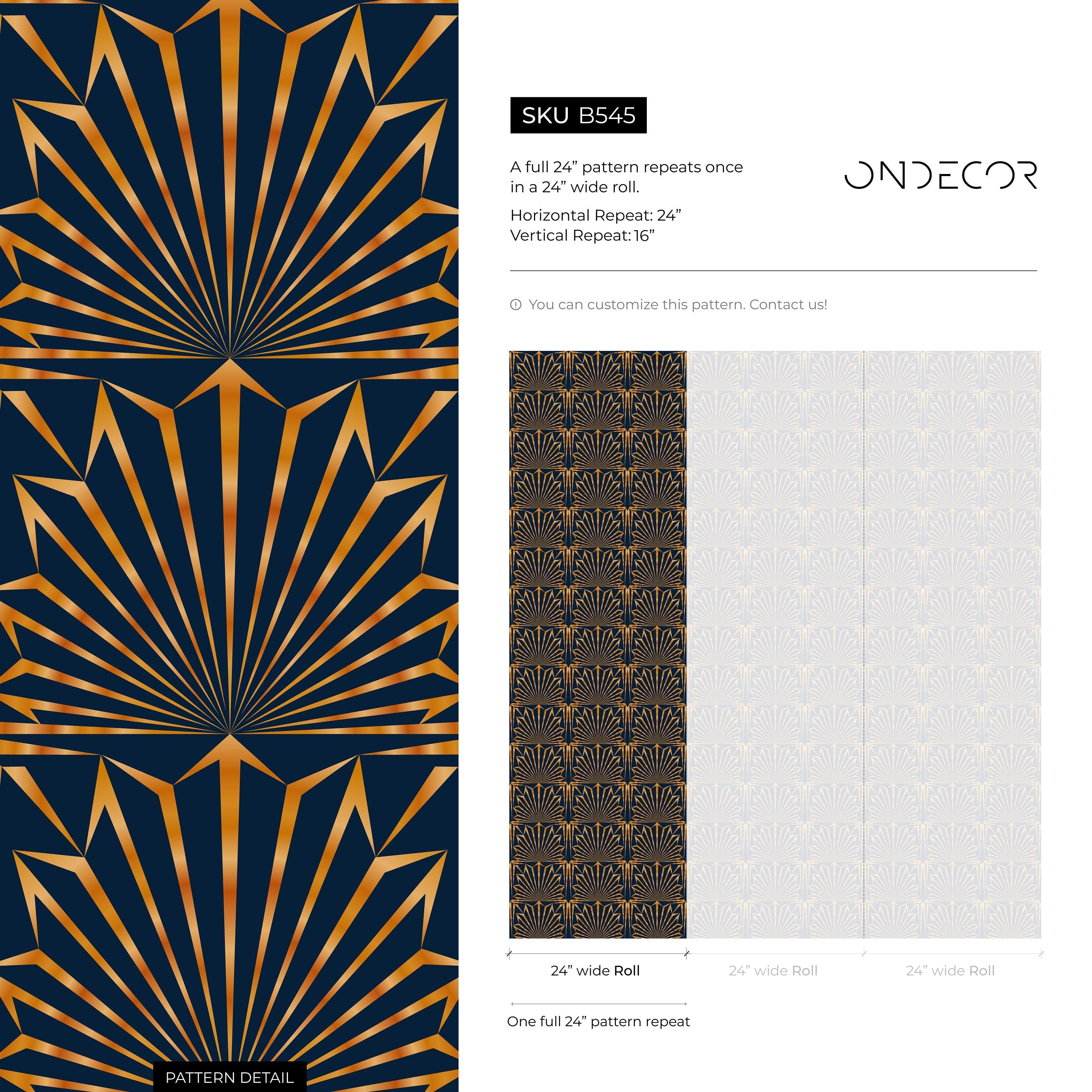 Art Deco Wallpaper With A Geometric Fan Motif In Navy Blue And Gold - B545