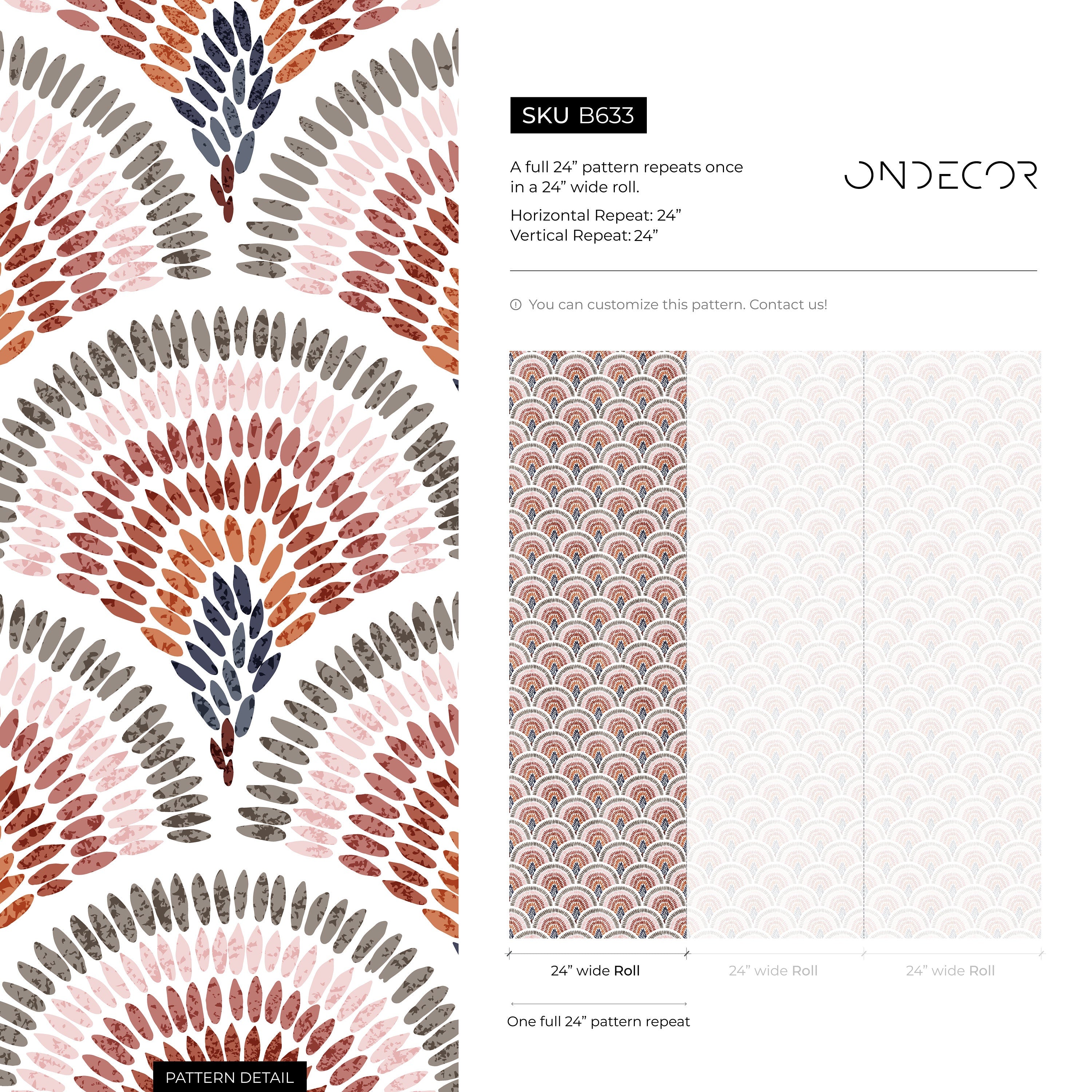 Art Deco Wallpaper With A Painted Scallop Motif In Pink, Terracotta, And Blue - B633