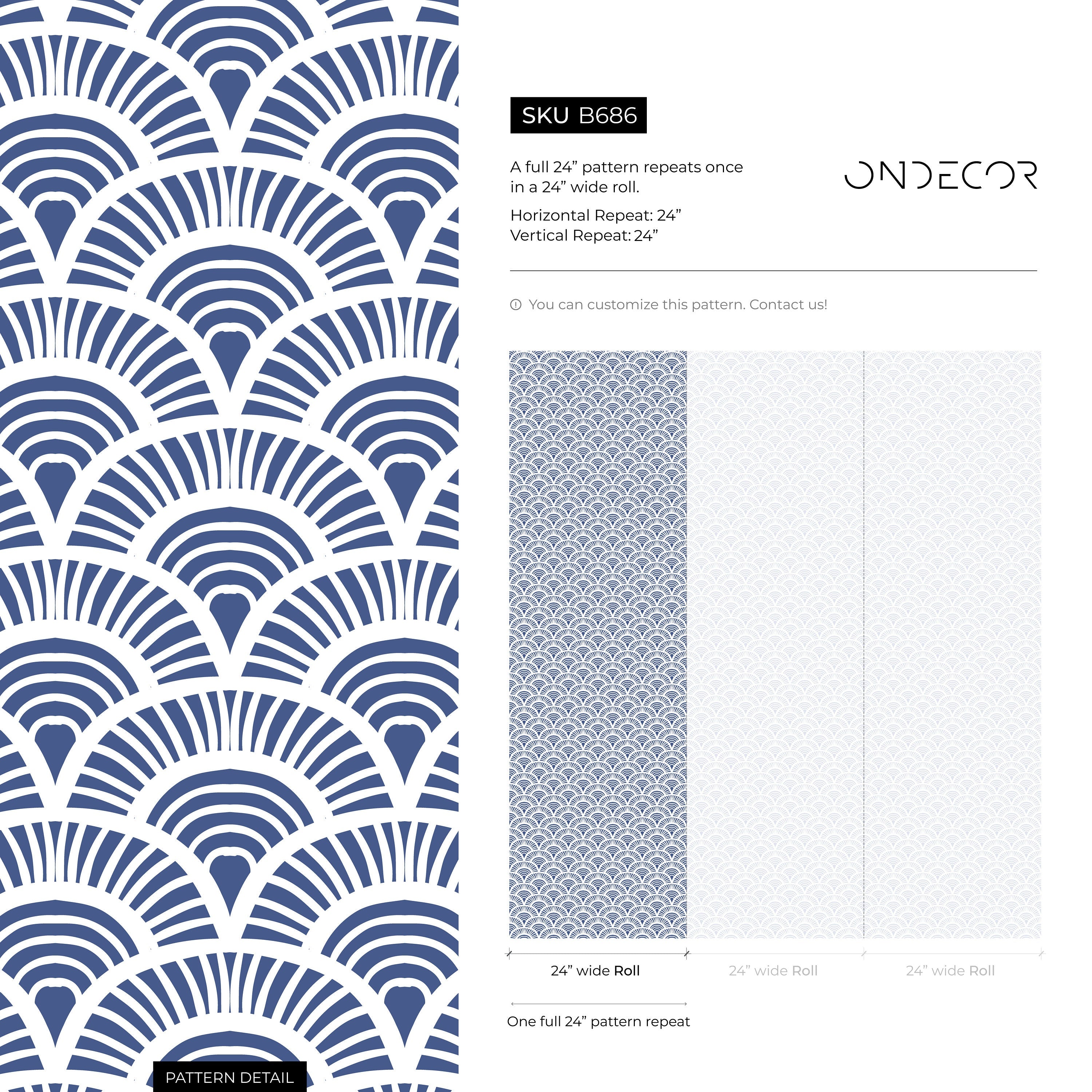 Art Deco Wallpaper With A Japanese Scallop Motif In Blue And White - B686