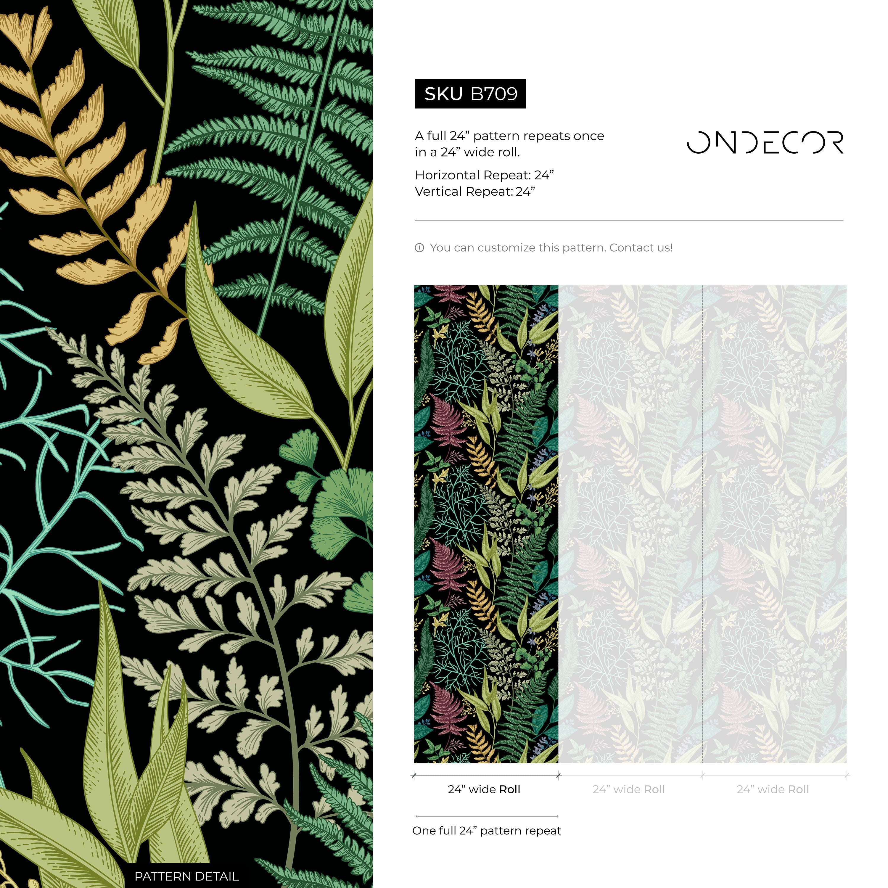 Botanical Wallpaper With Lush Ferns In Green, Red, And Gold - B709