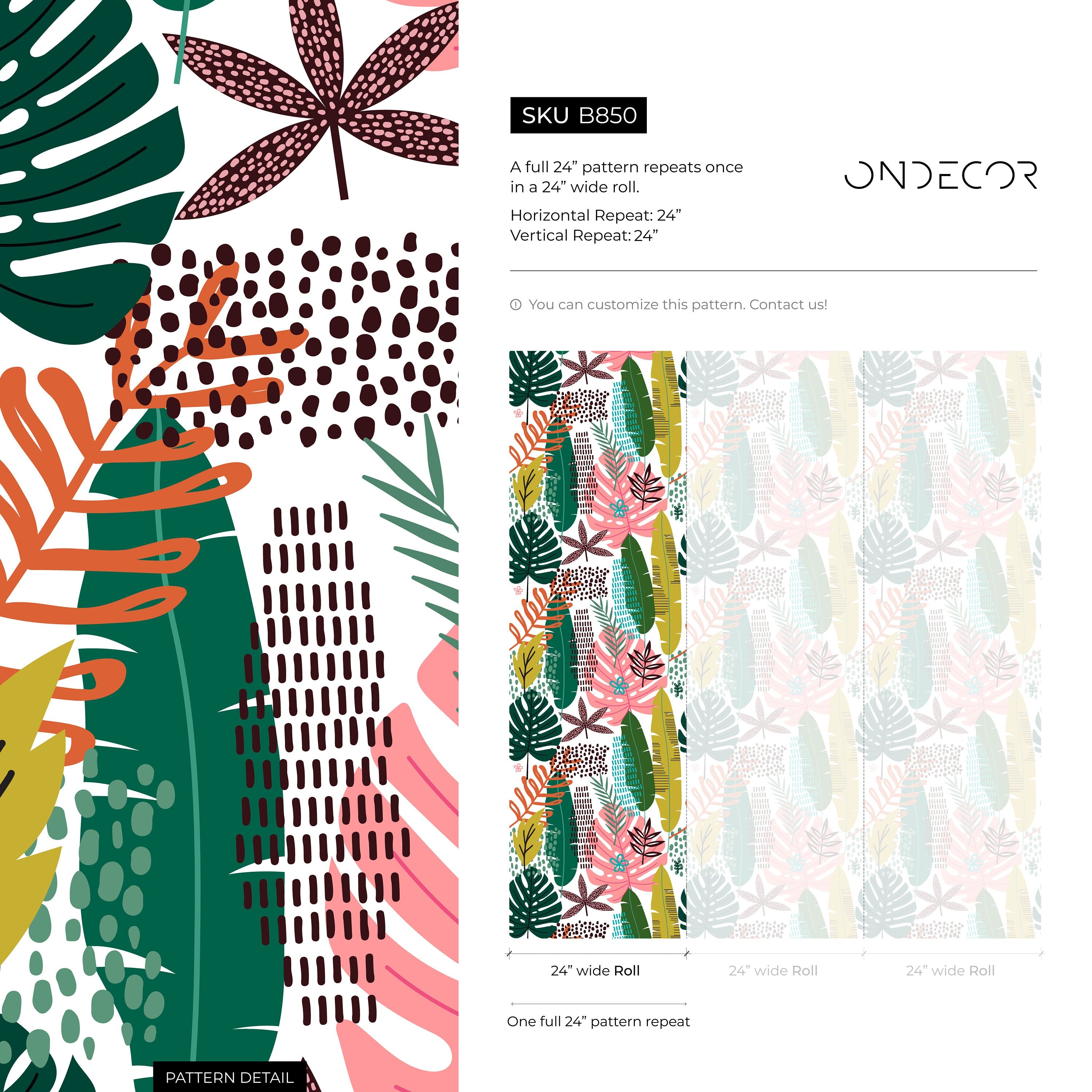 Boho Wallpaper With Tropical And Abstract Leaves In Green, Pink, And Teal - B850