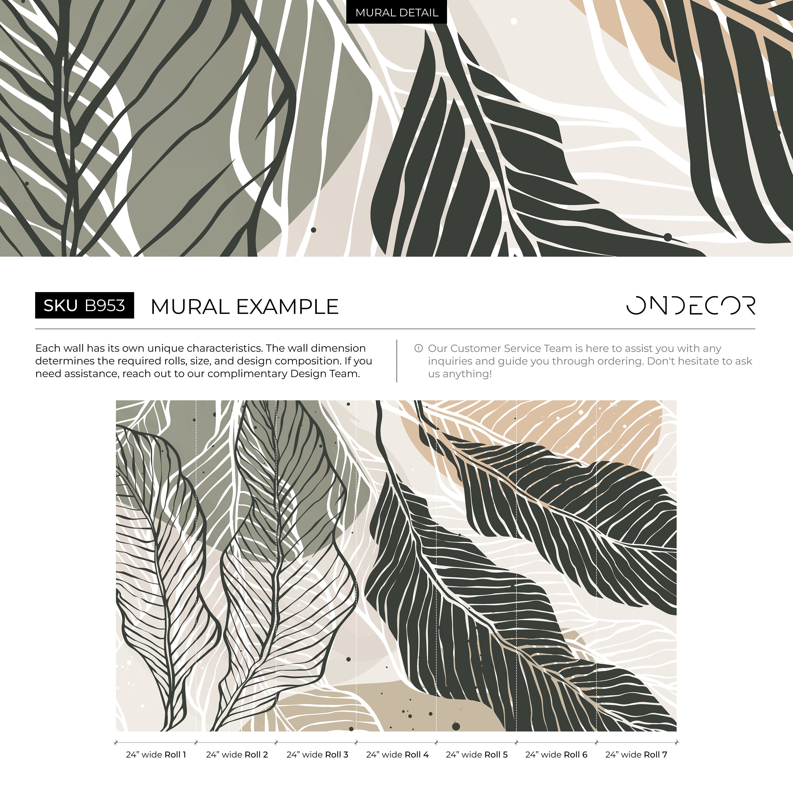 Botanical Wallpaper With Stylized Leaves In Green, Beige, And Black - B953