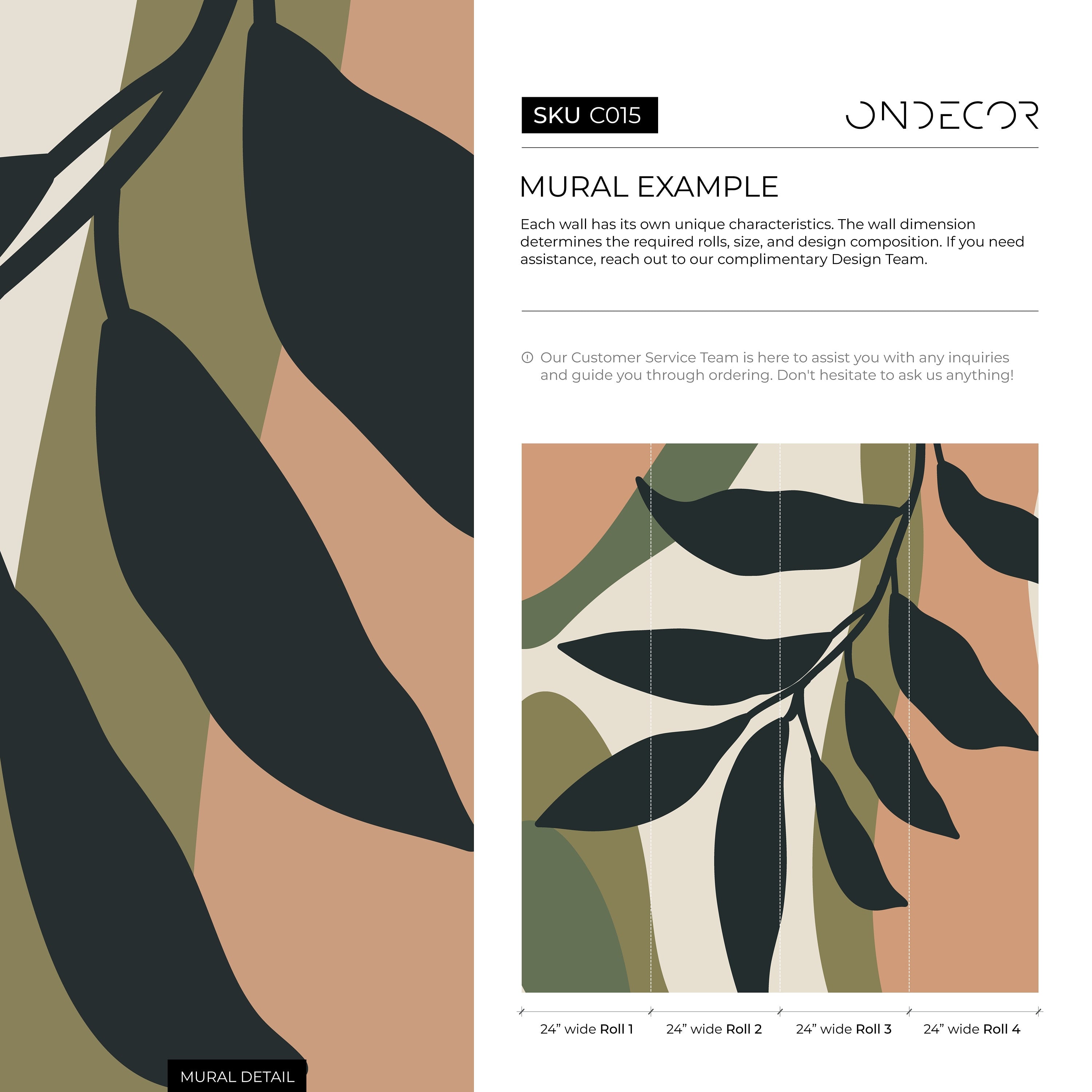 Abstract Botanical Wallpaper In Charcoal, Green, And Terracotta - C015