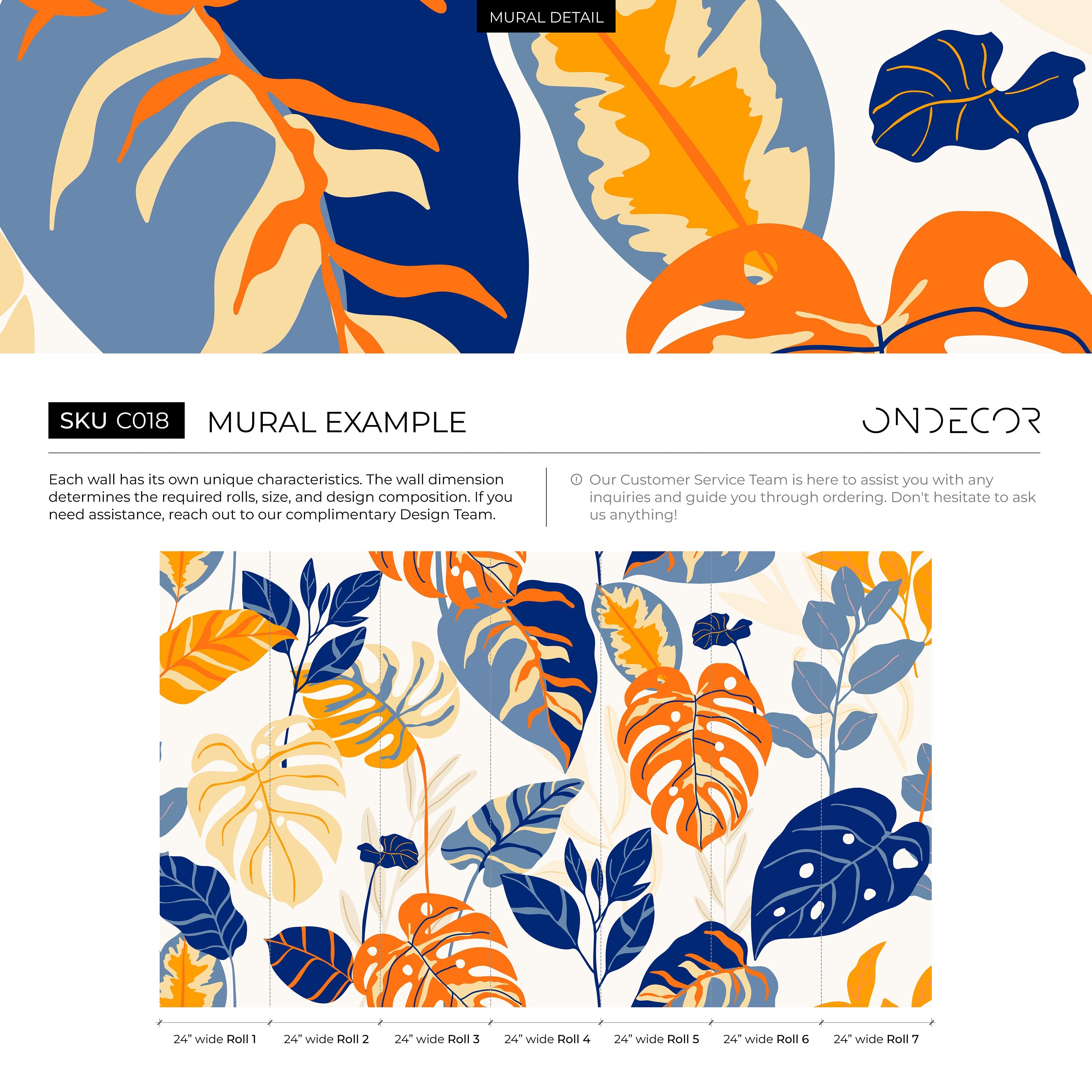 Botanical Wallpaper With Bold Tropical Leaves In Blue, Orange, And Yellow - C018