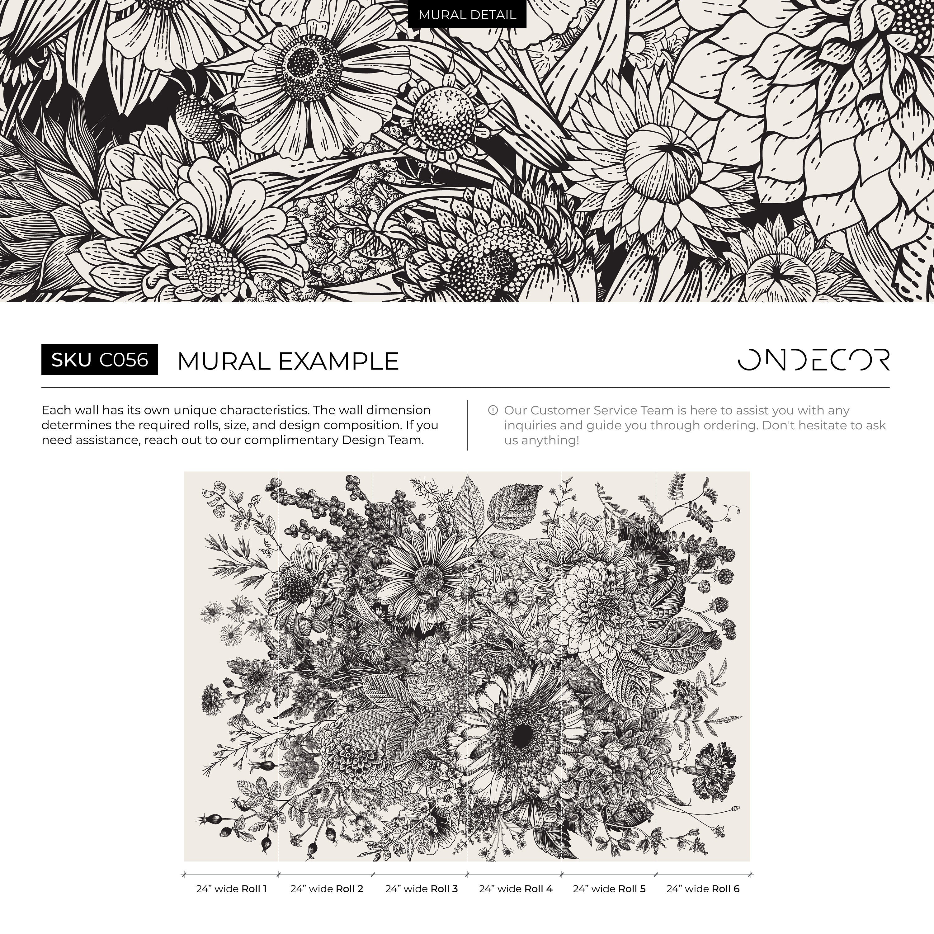 Floral Wallpaper With A Detailed Botanical Sketch In Black And White - C056