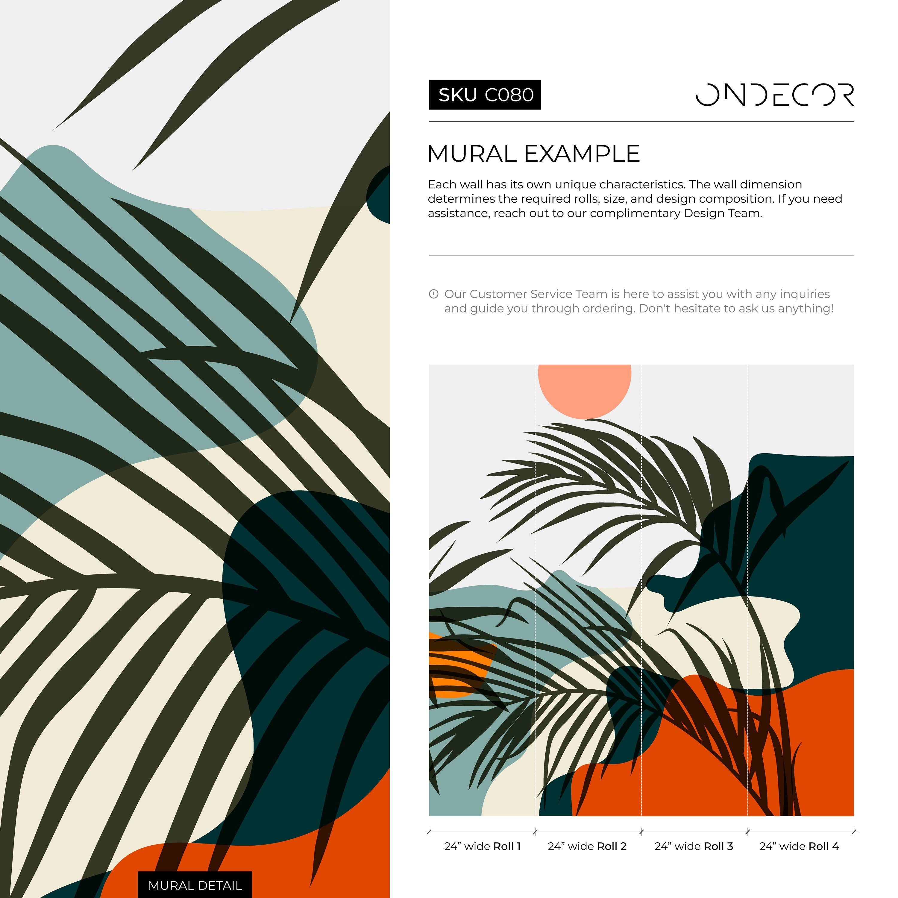 Tropical Wallpaper With Abstract Leaf Shapes In Teal, Orange, And Dark Green - C080