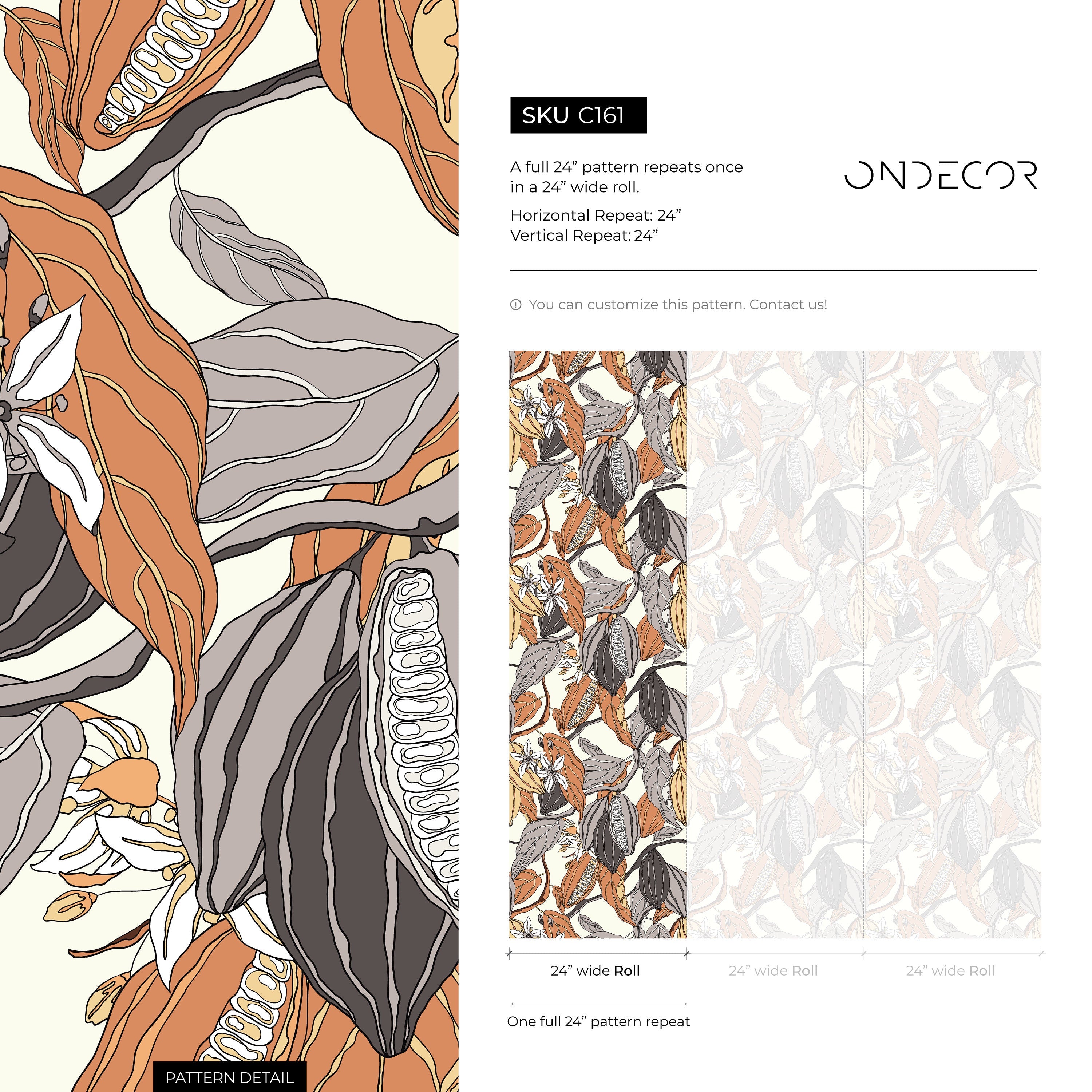 Botanical Wallpaper Featuring Cacao Pods And Flowers In Brown And Gray - C161