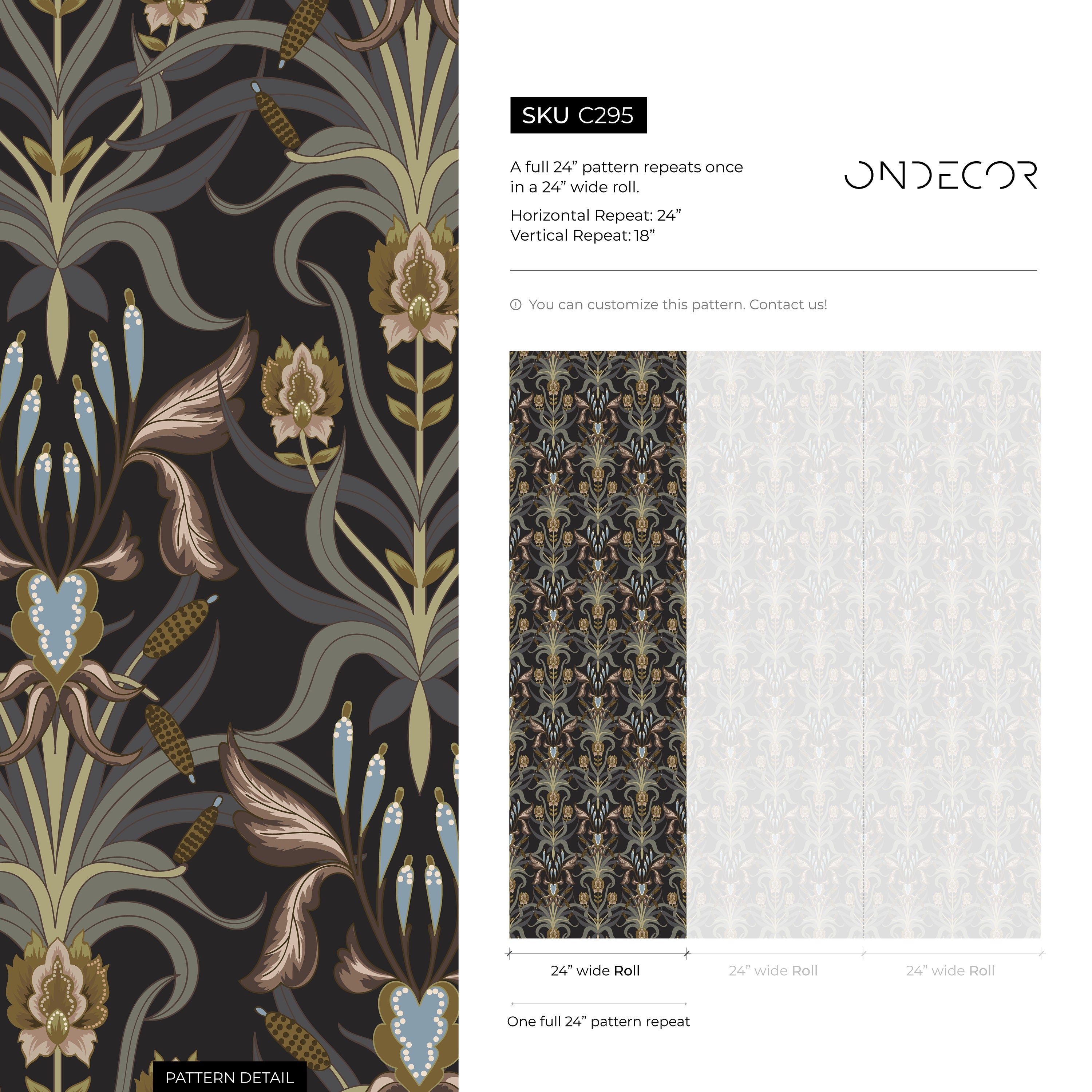 Art Nouveau Wallpaper With A Floral Damask Motif In Brown, Gold, And Blue - C295