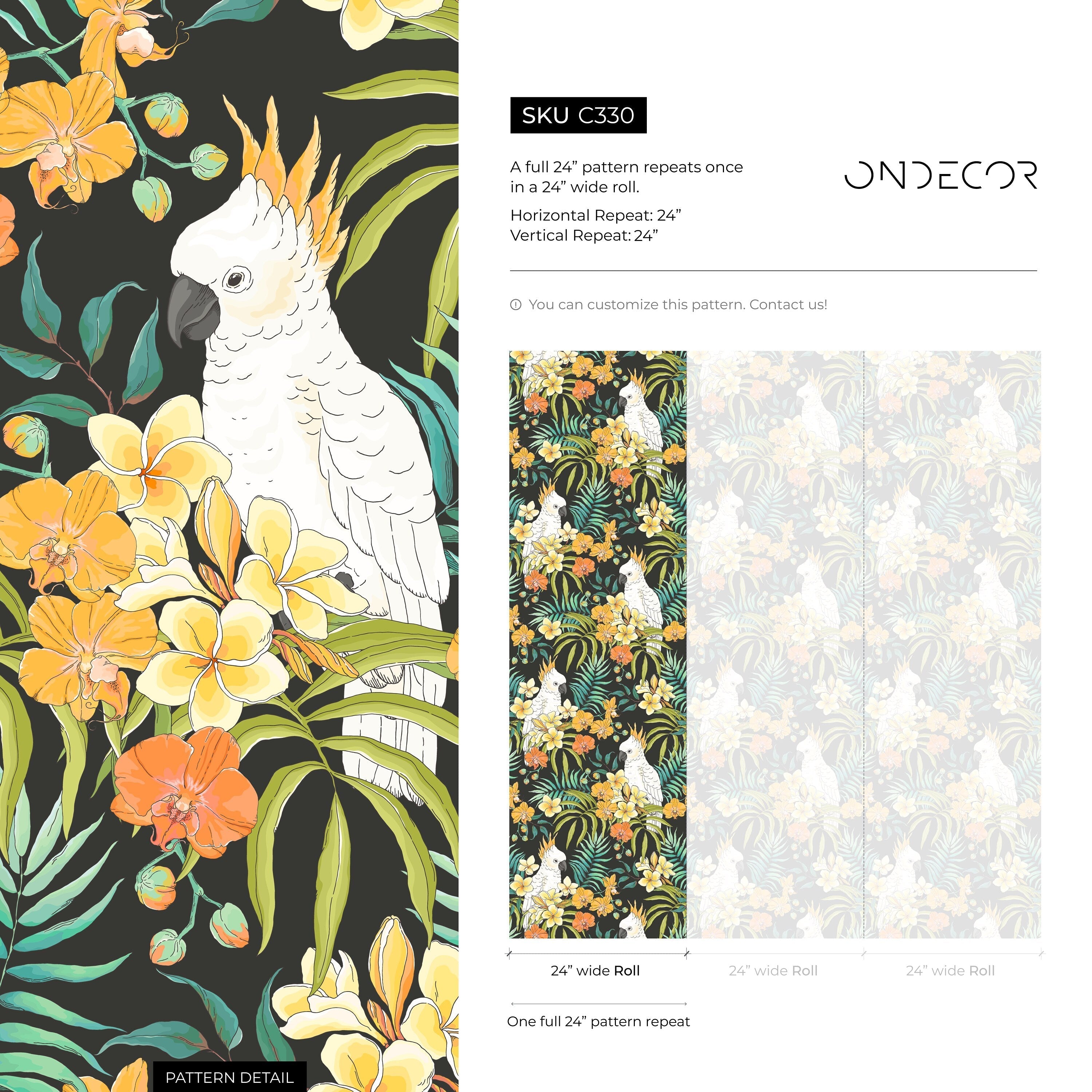 Tropical Animal Wallpaper With Cockatoos And Palm Leaves In Black, Yellow, And Green - C330