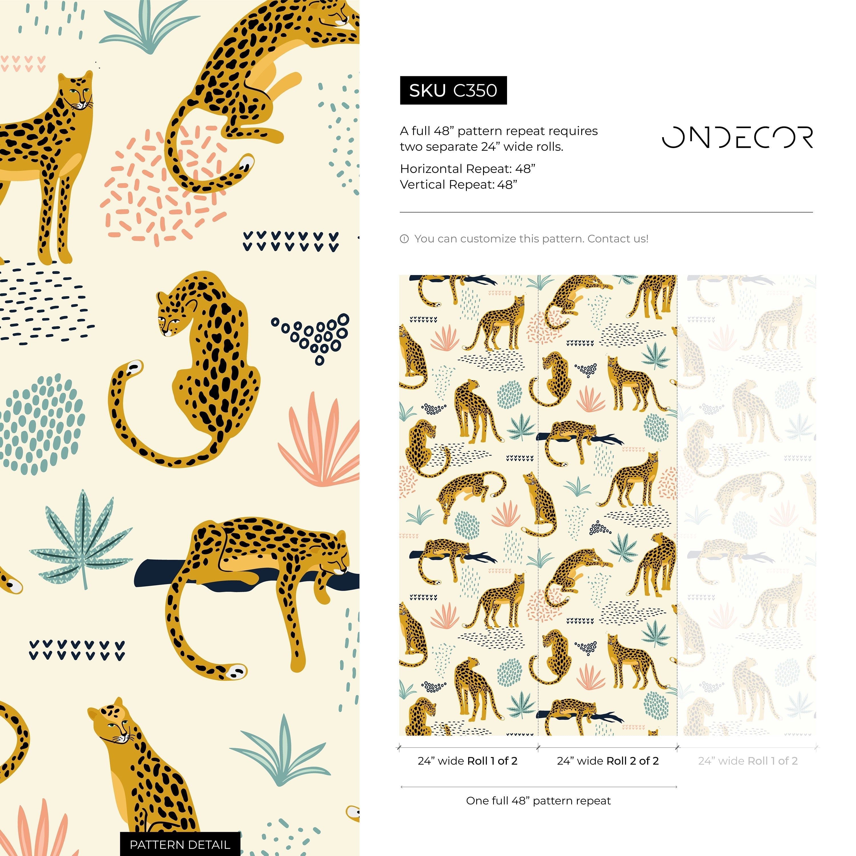 Tropical Wallpaper With Stylized Leopards In Yellow, Teal, And Pink - C350