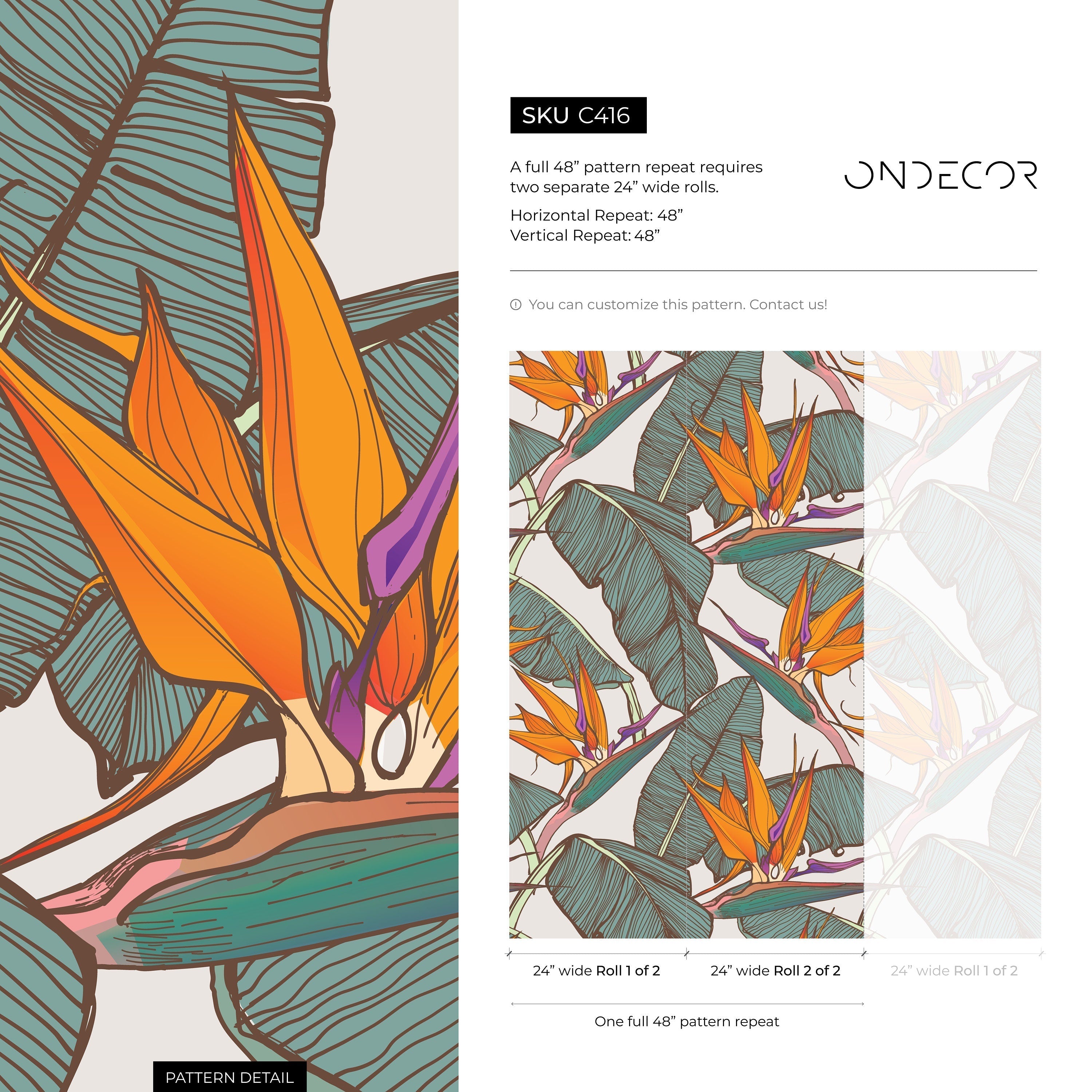 Tropical Wallpaper With Bird Of Paradise Flowers In Orange, Teal, And Purple - C416