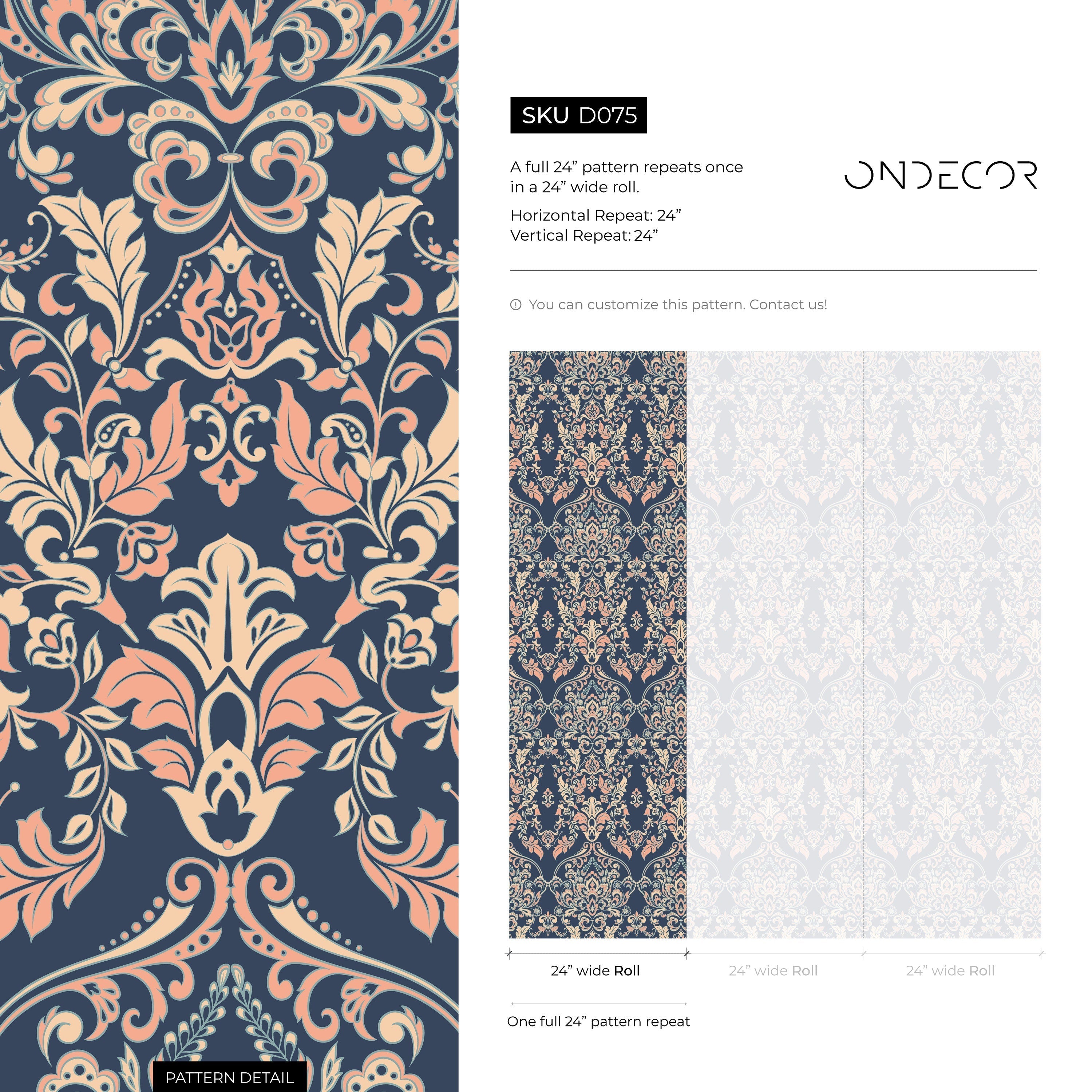 Victorian Damask Wallpaper With An Ornate Motif In Navy Blue, Peach, And Beige - D075