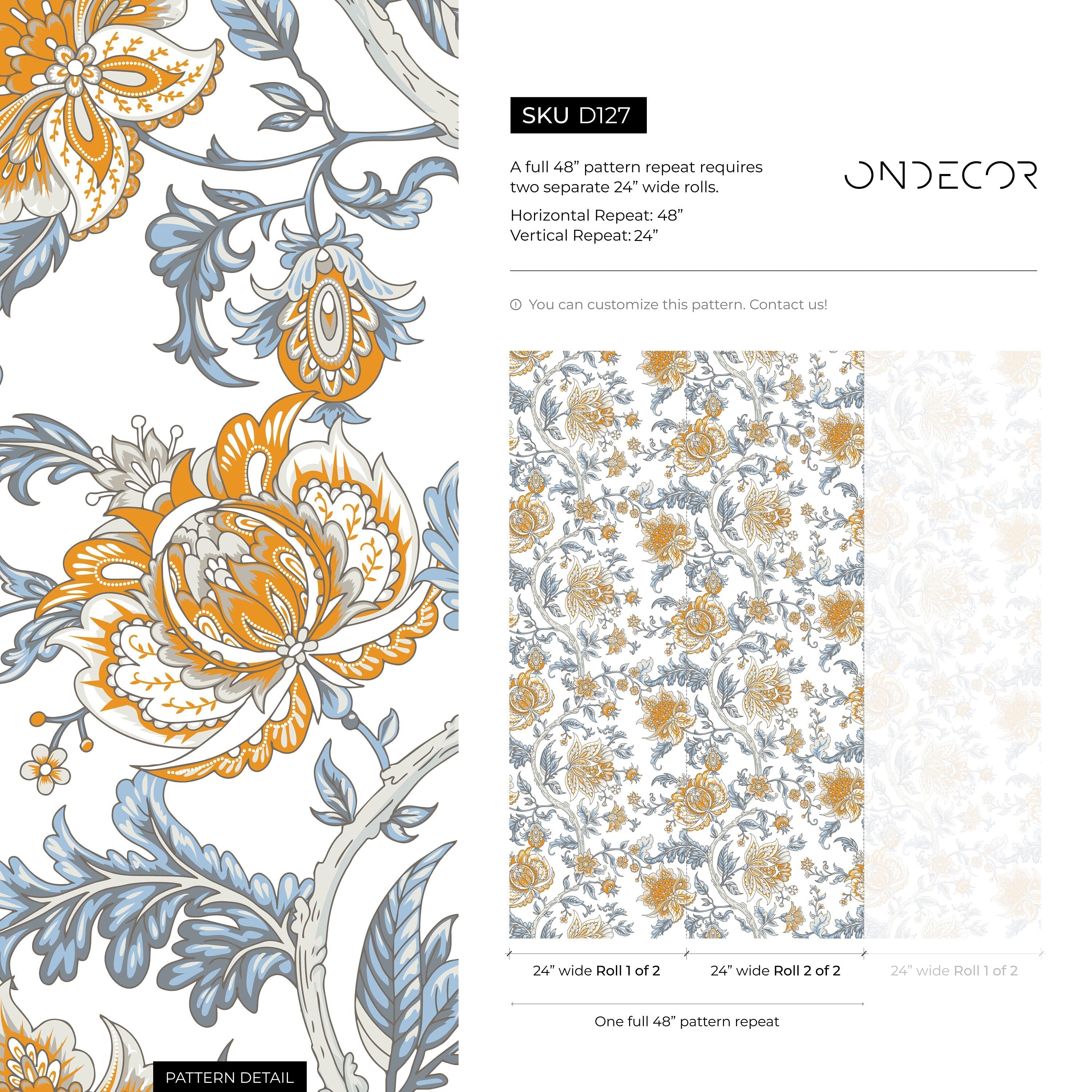 Floral Wallpaper With A Vintage Jacobean Motif In Blue, Yellow, And Grey - D127