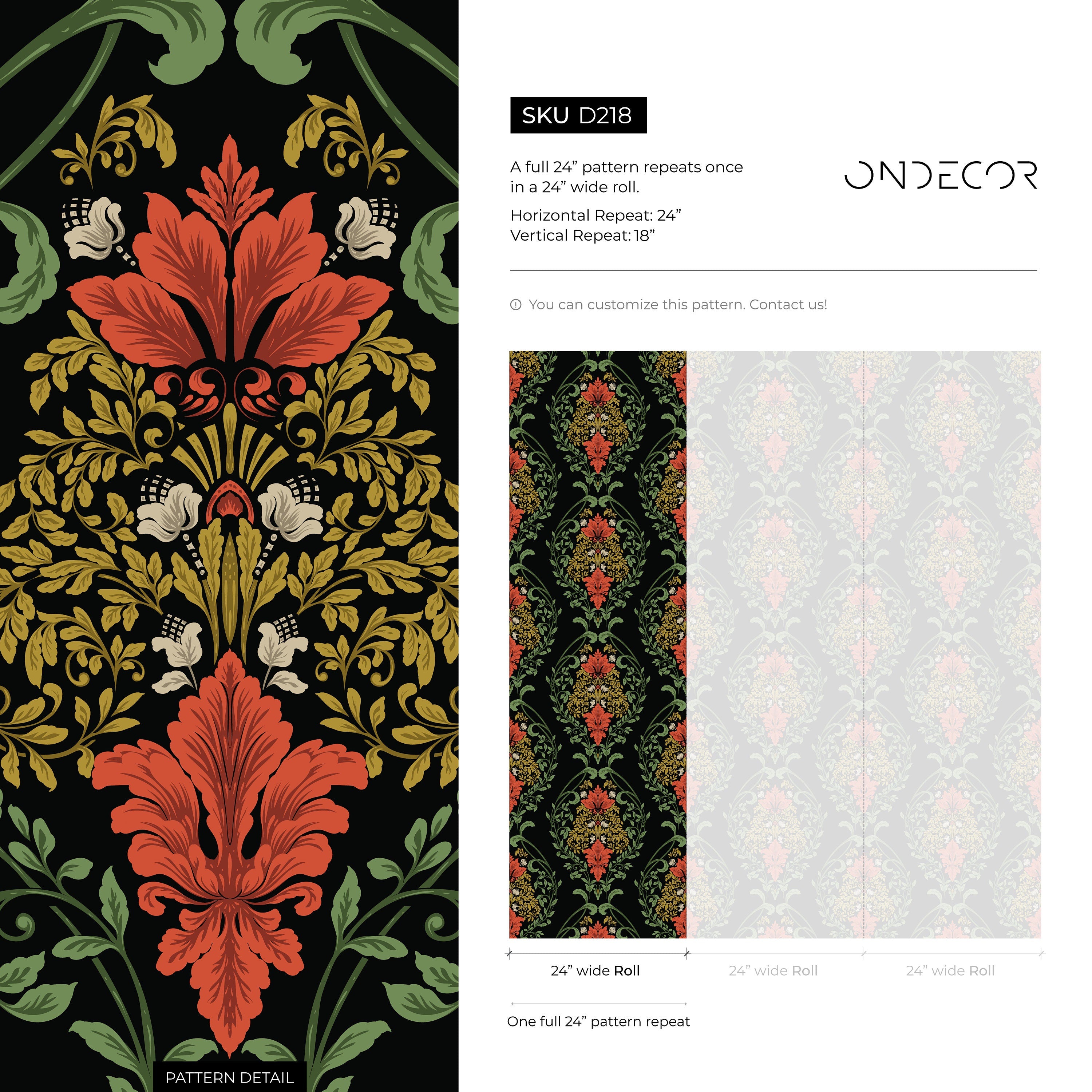 Victorian Floral Wallpaper With A Damask Motif In Red, Green, And Gold - D218