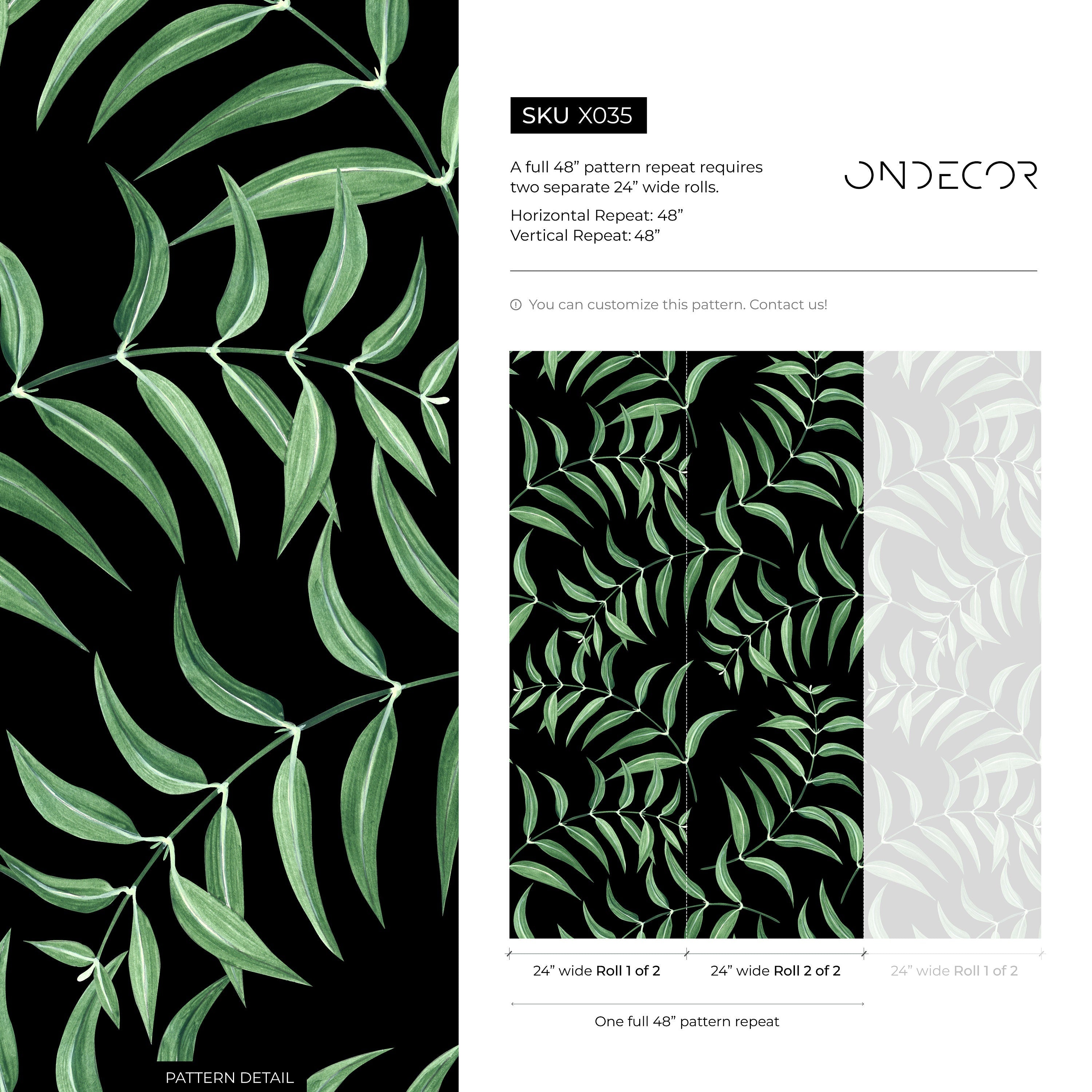 Botanical Wallpaper Featuring Trailing Leaves In Green And Black - X035