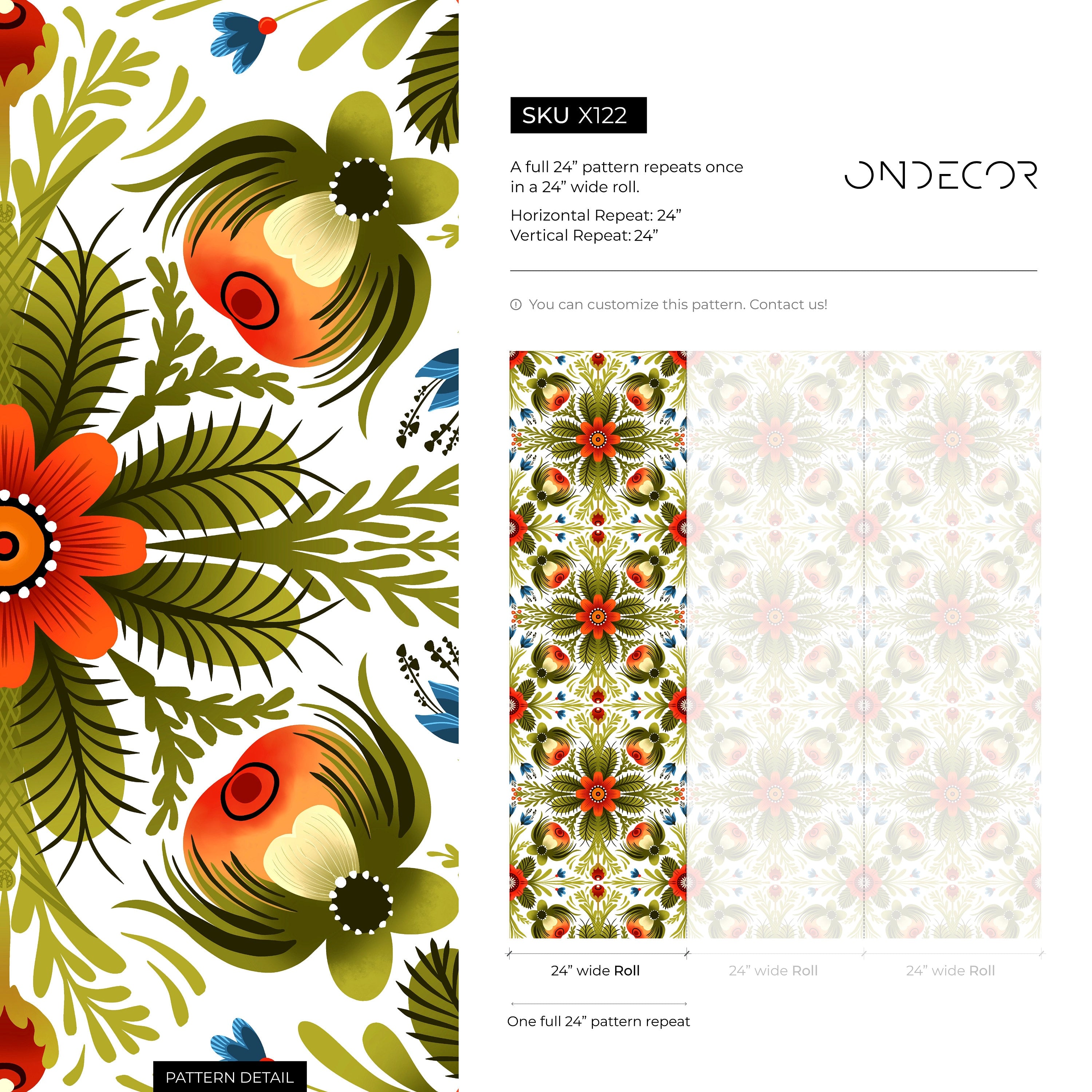 Folk Art Wallpaper With An Arabesque Floral Motif In Red, Green, And Blue - X122