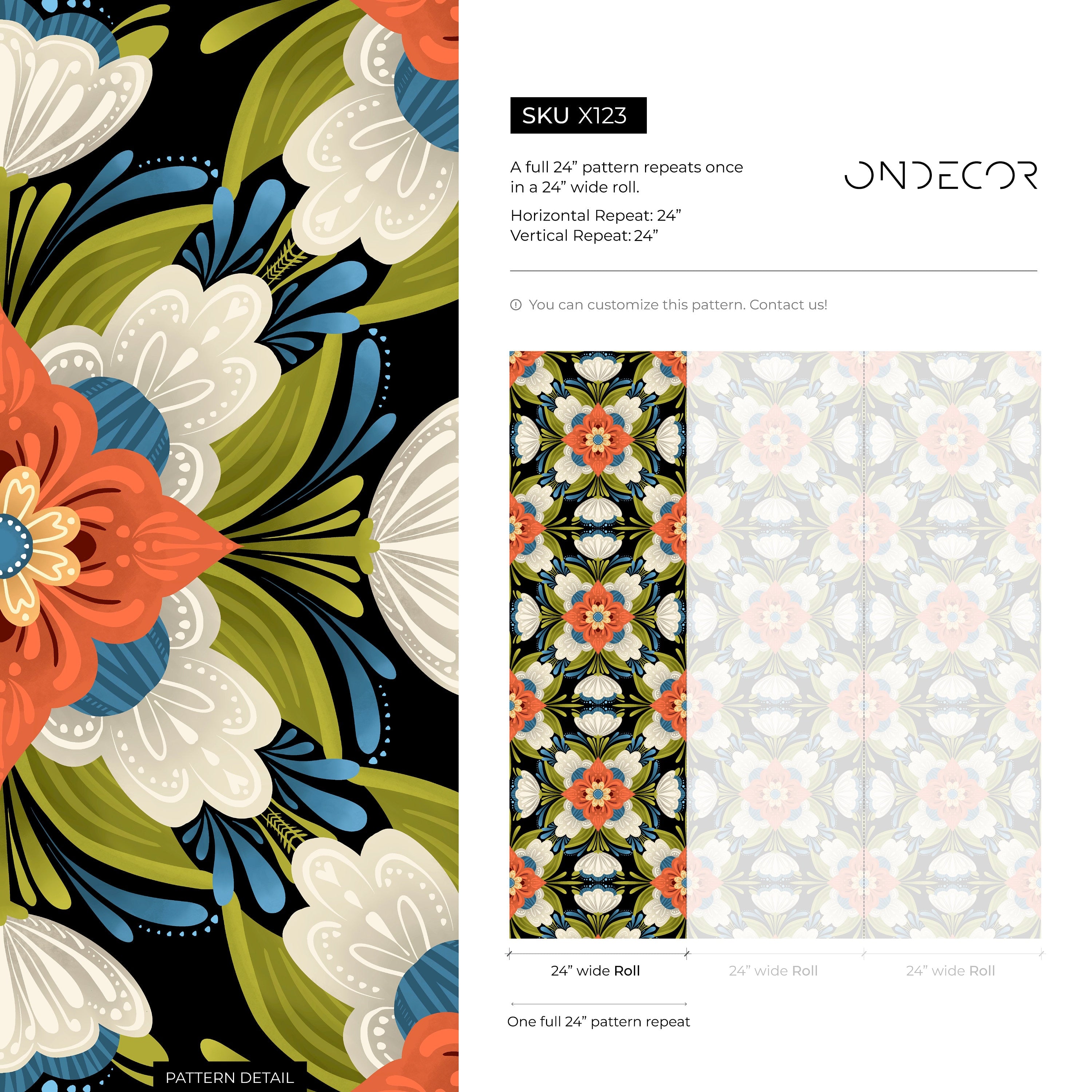 Folk Art Wallpaper With An Arabesque Floral Design In Orange, Blue, And Green - X123