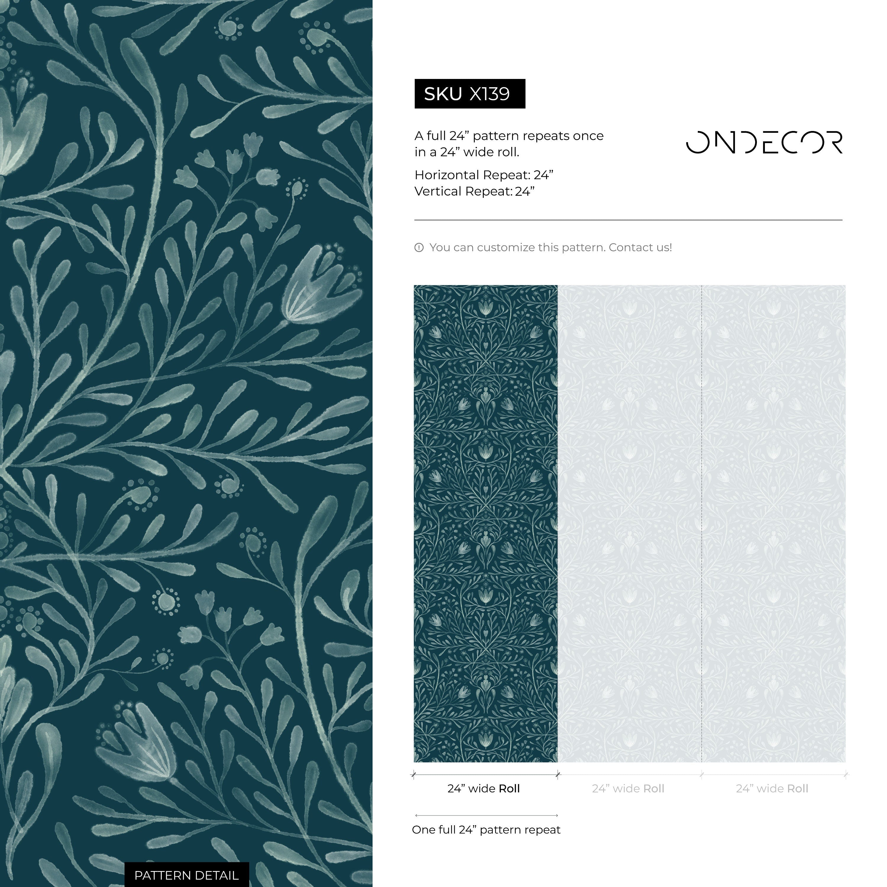 Art Nouveau Wallpaper With A Botanical Damask In Dark Teal And Sage Green - X139