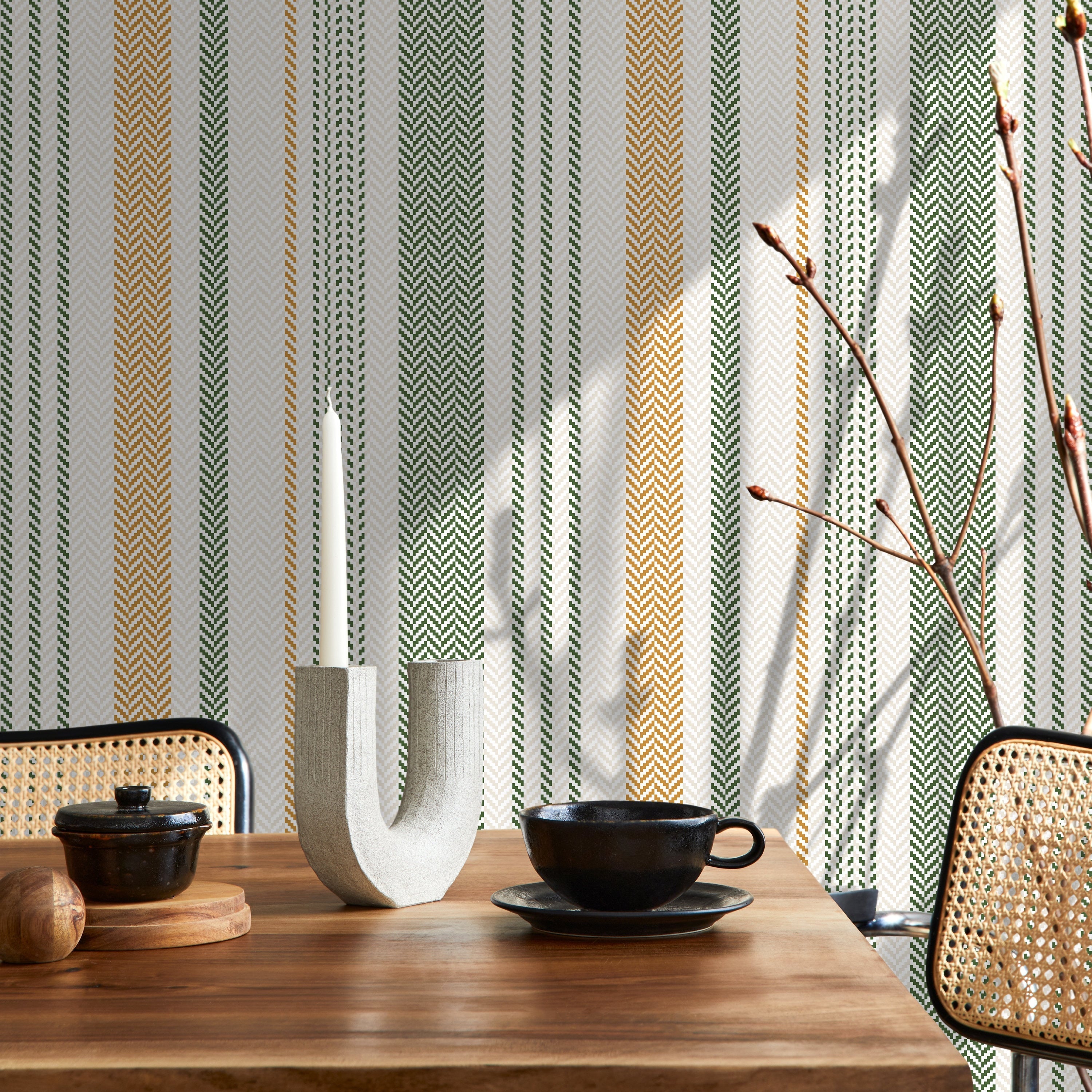 Striped Wallpaper With A Textured Chevron Motif In Green And Gold - D804