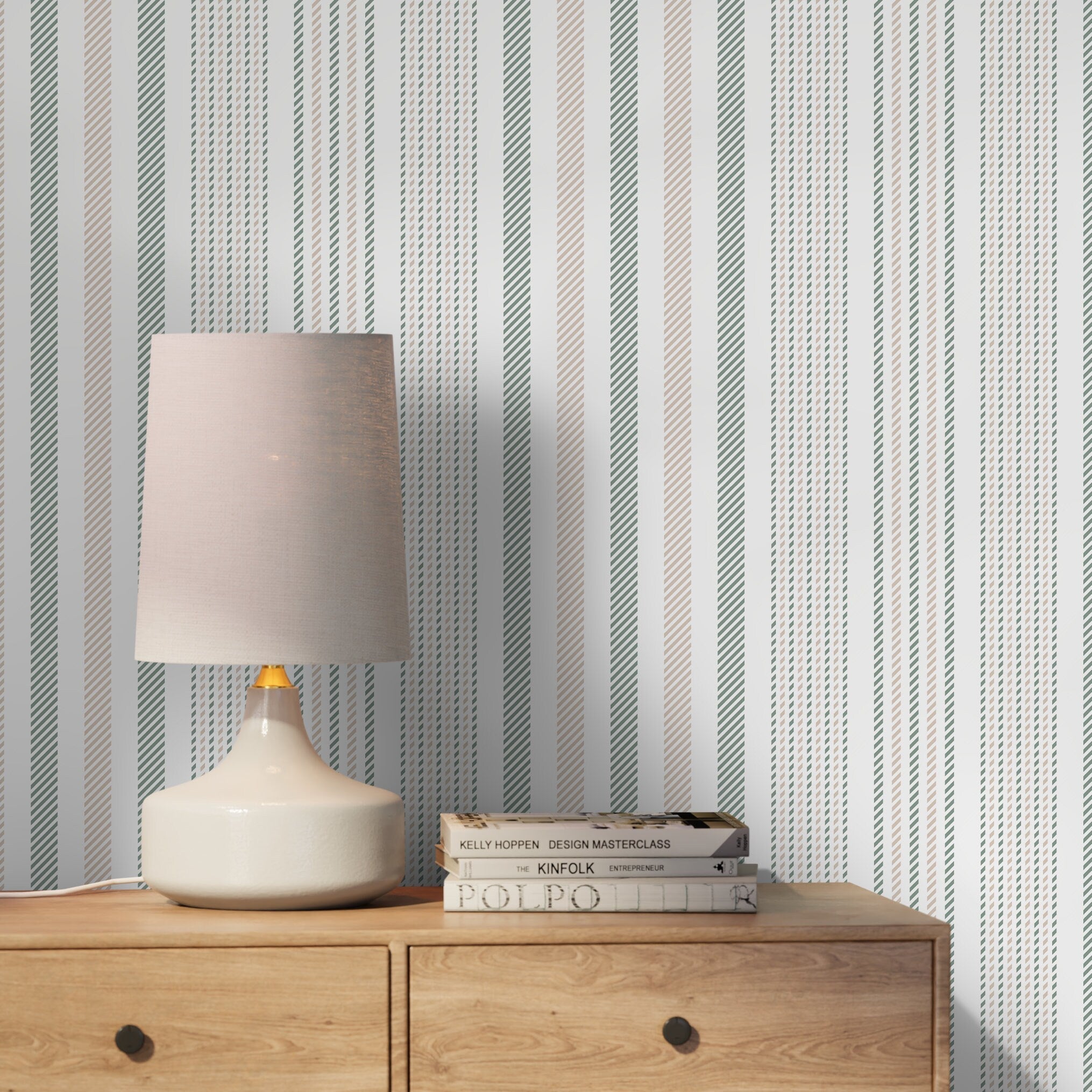 Striped Wallpaper With A Dashed Line Motif In Green And Beige - D805