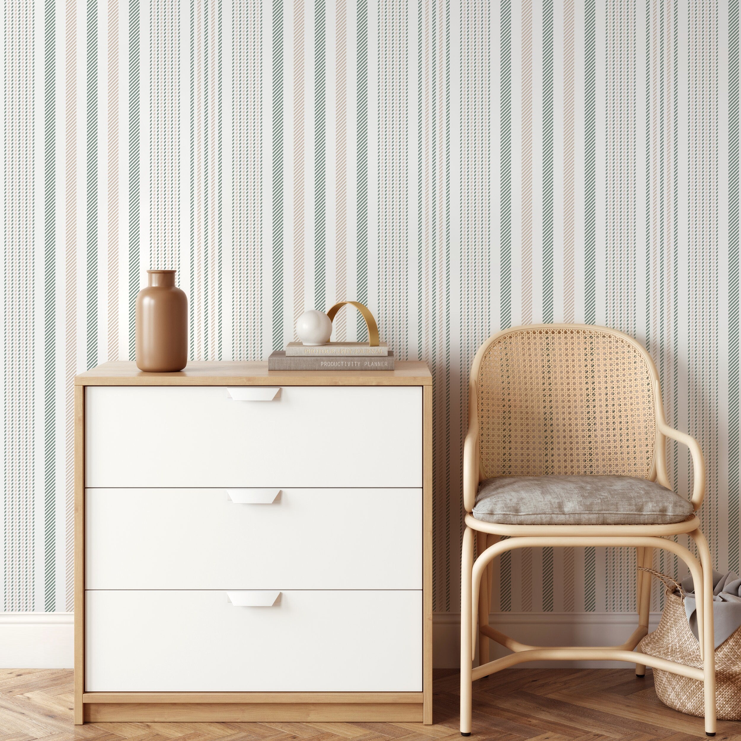 Striped Wallpaper With A Dashed Line Motif In Green And Beige - D805