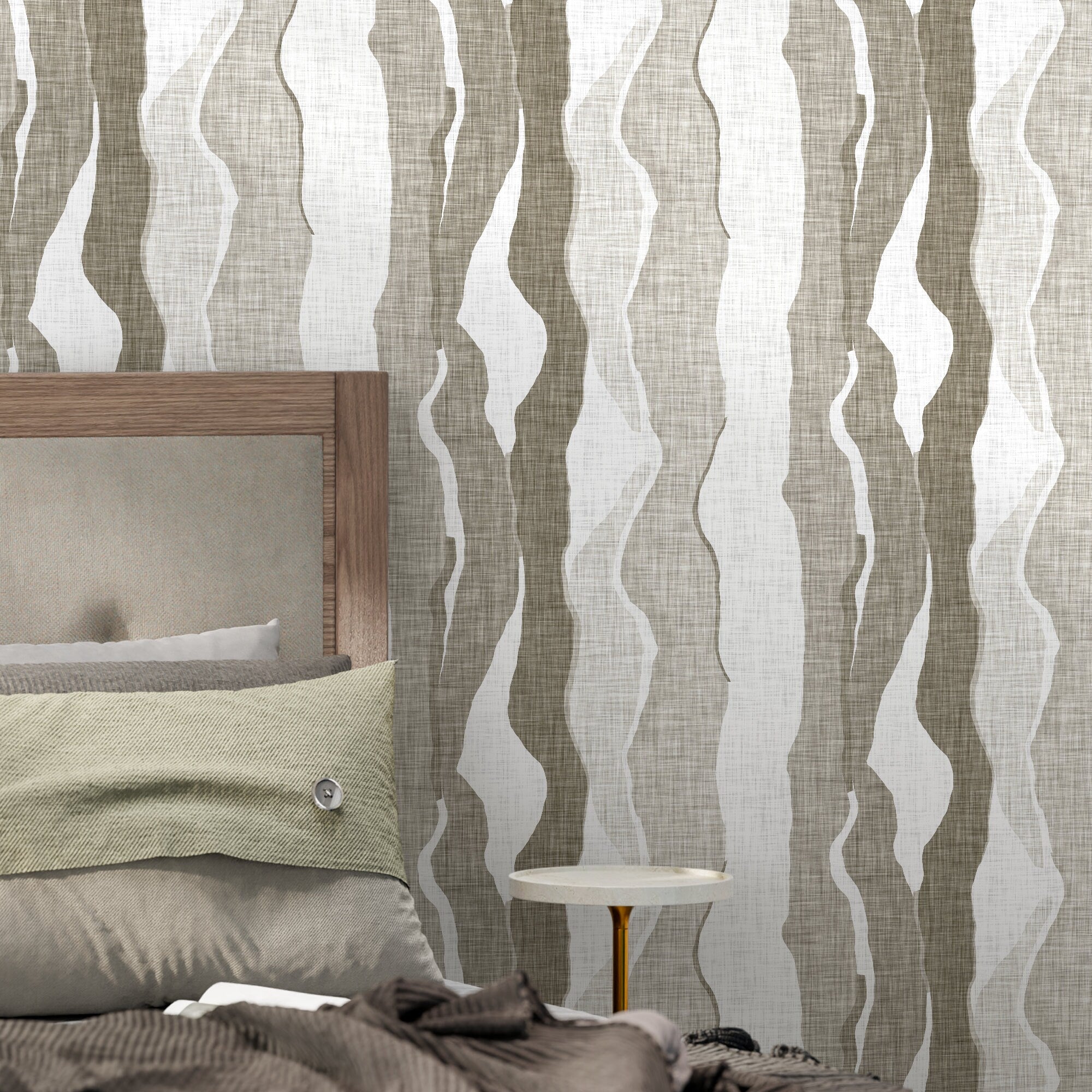 Abstract Wallpaper With Flowing Wave Layers In Beige And White - D838
