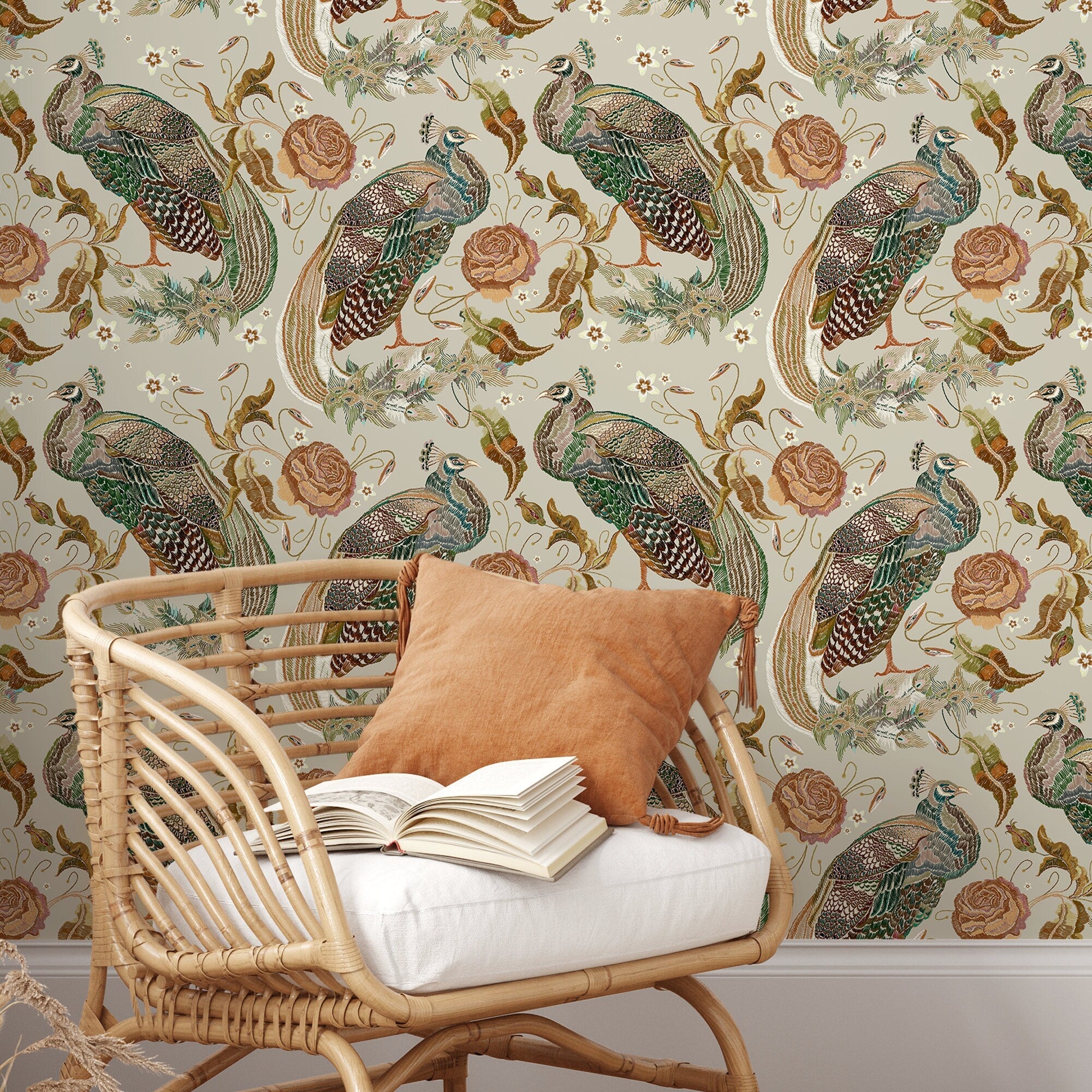 Vintage Peacock Wallpaper With Ornate Roses In Green, Brown, And Pink - D885