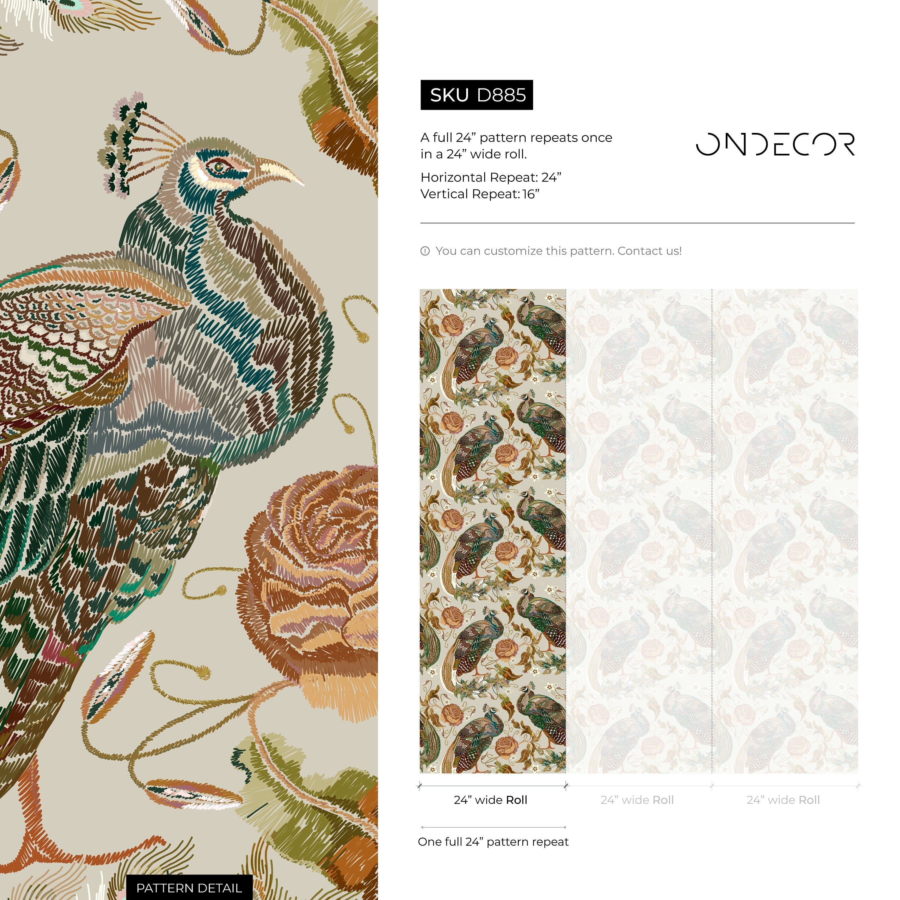 Vintage Peacock Wallpaper With Ornate Roses In Green, Brown, And Pink - D885