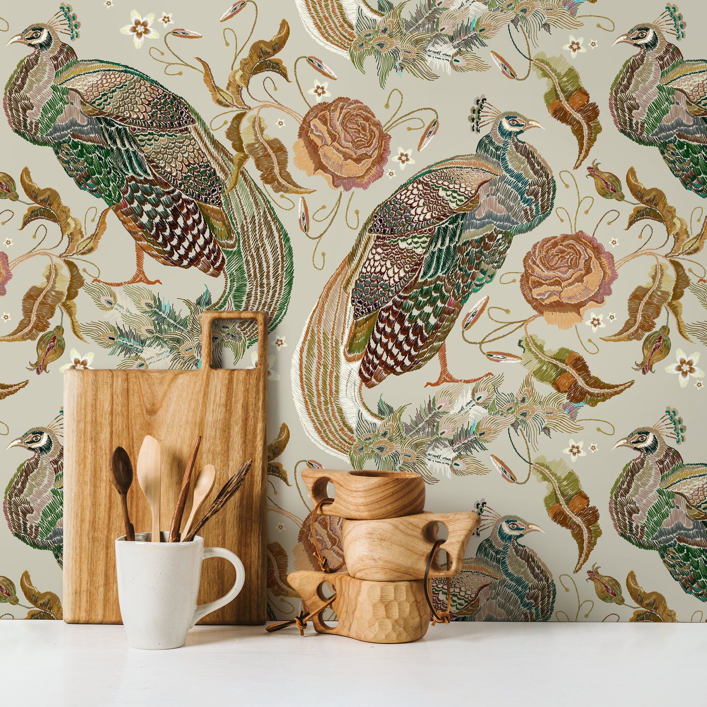 Vintage Peacock Wallpaper With Ornate Roses In Green, Brown, And Pink - D885