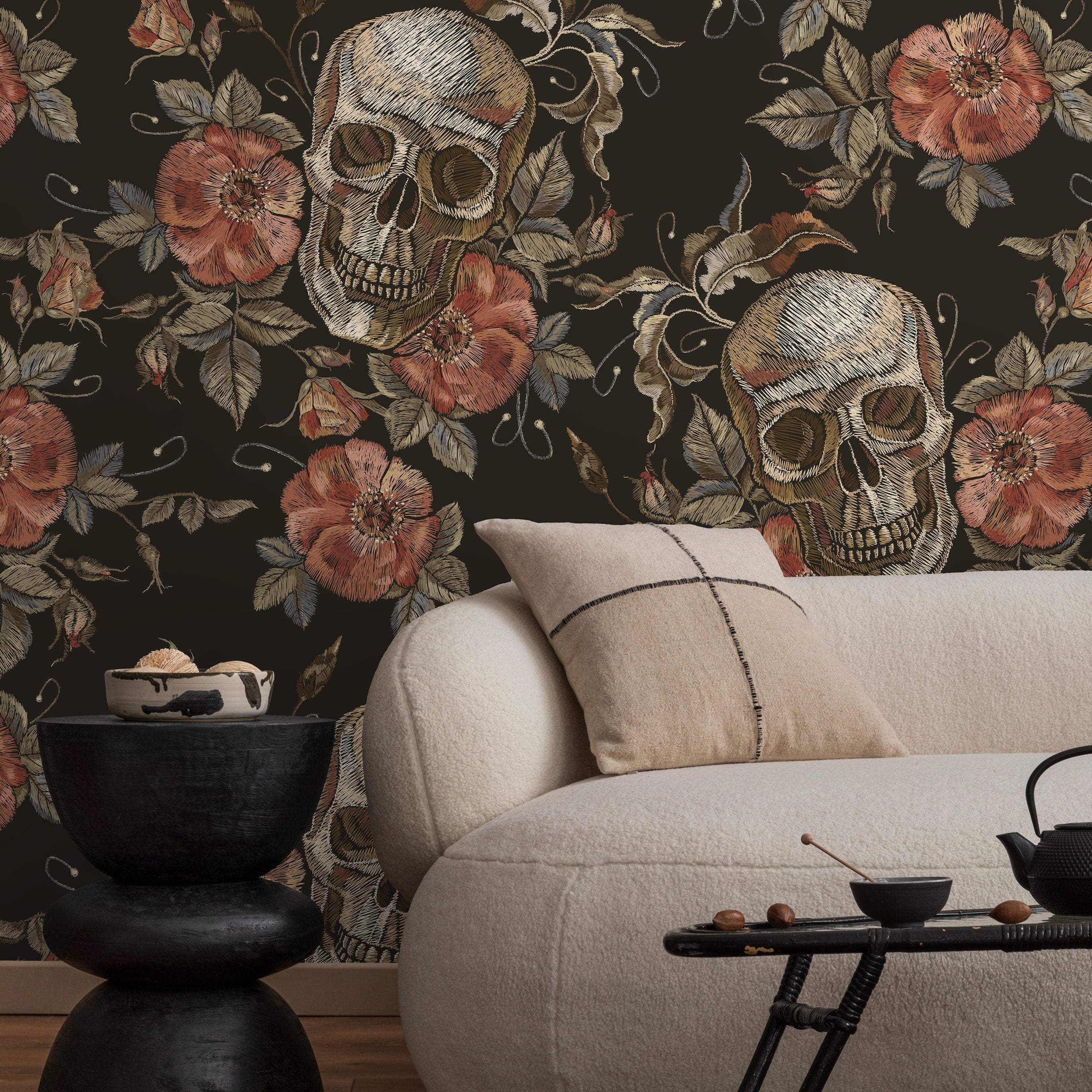 Gothic Wallpaper With Embroidered Skulls And Roses In Black, Terracotta, And Beige - D890
