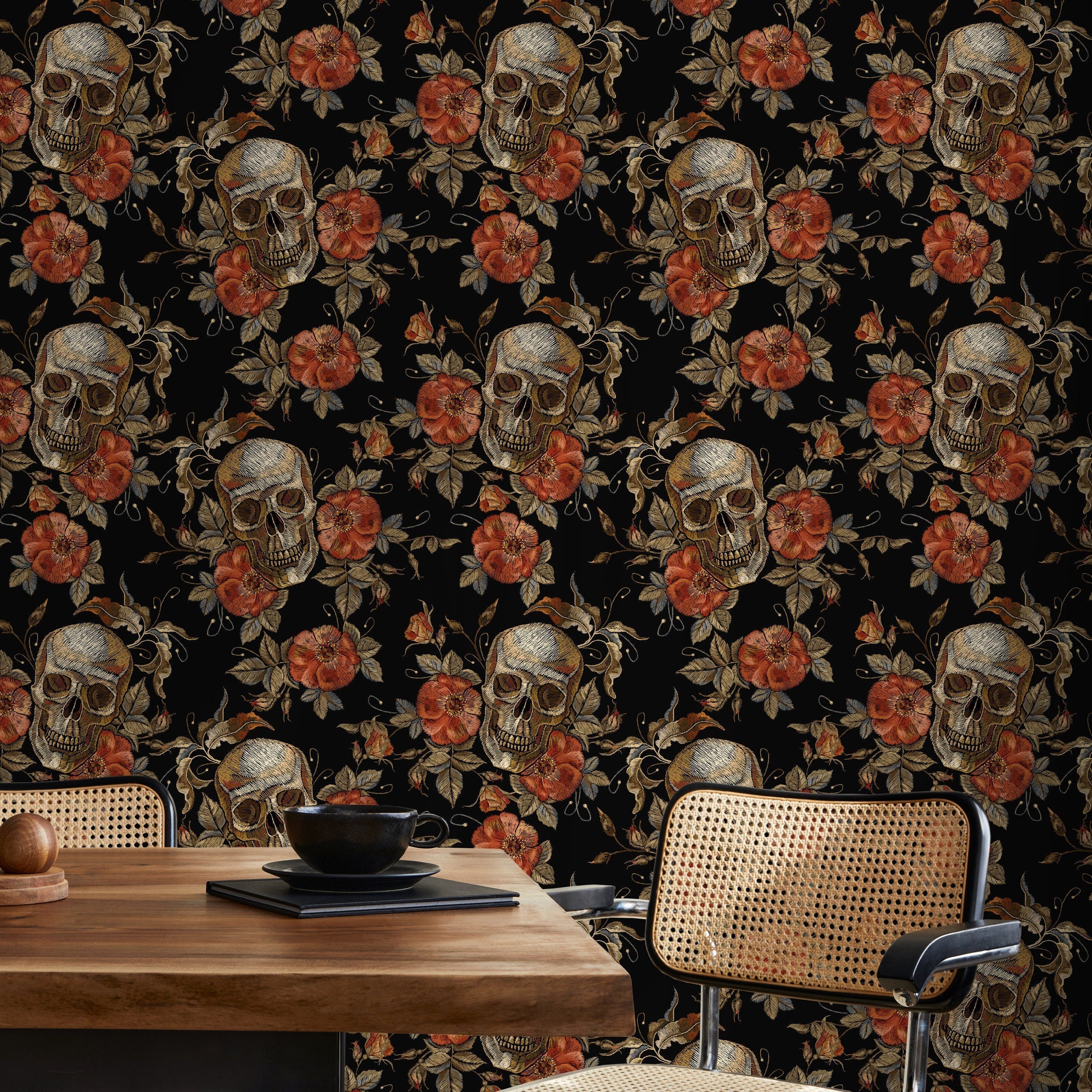Gothic Wallpaper With Skulls And Embroidered Roses In Red, Brown, And Black - D889