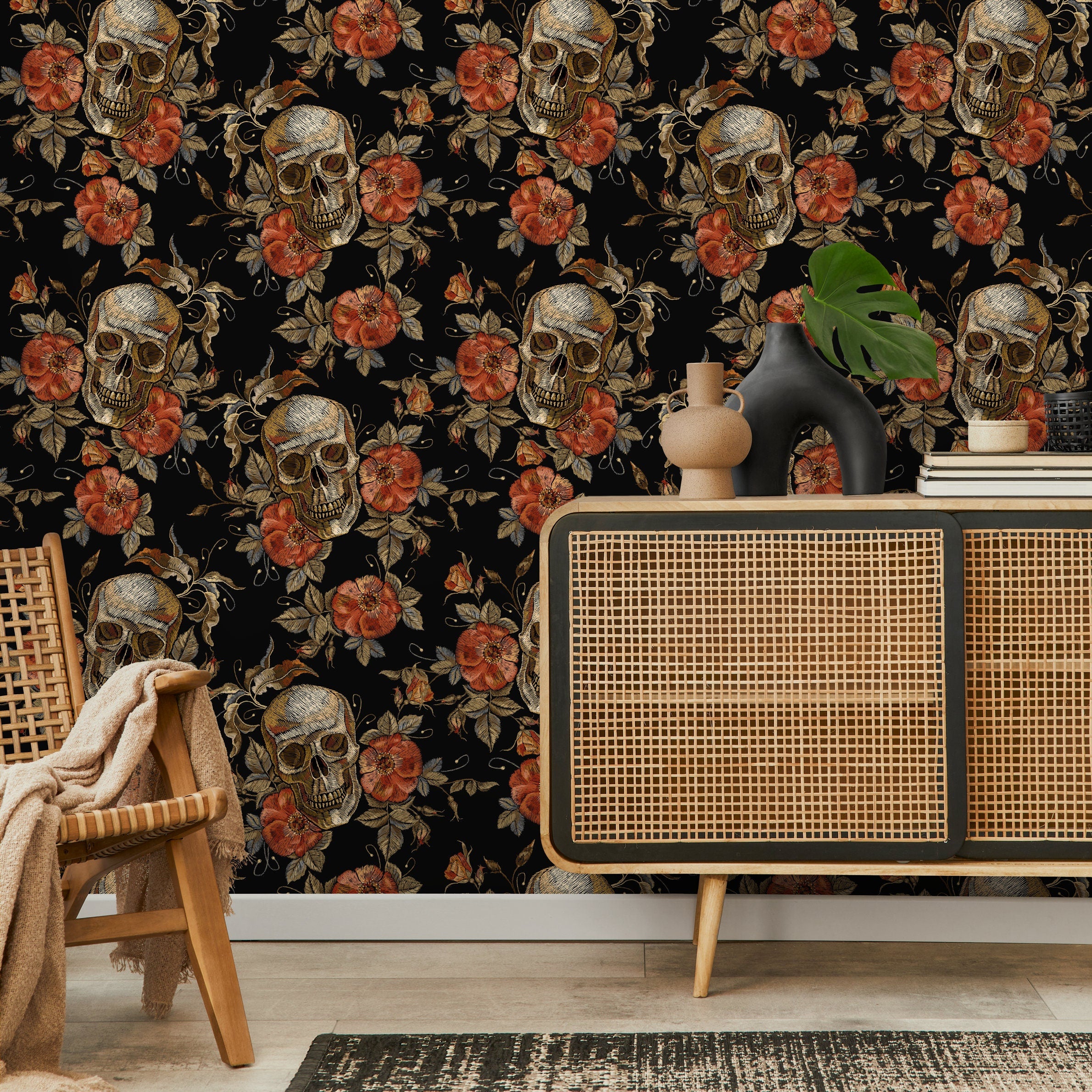 Gothic Wallpaper With Skulls And Embroidered Roses In Red, Brown, And Black - D889