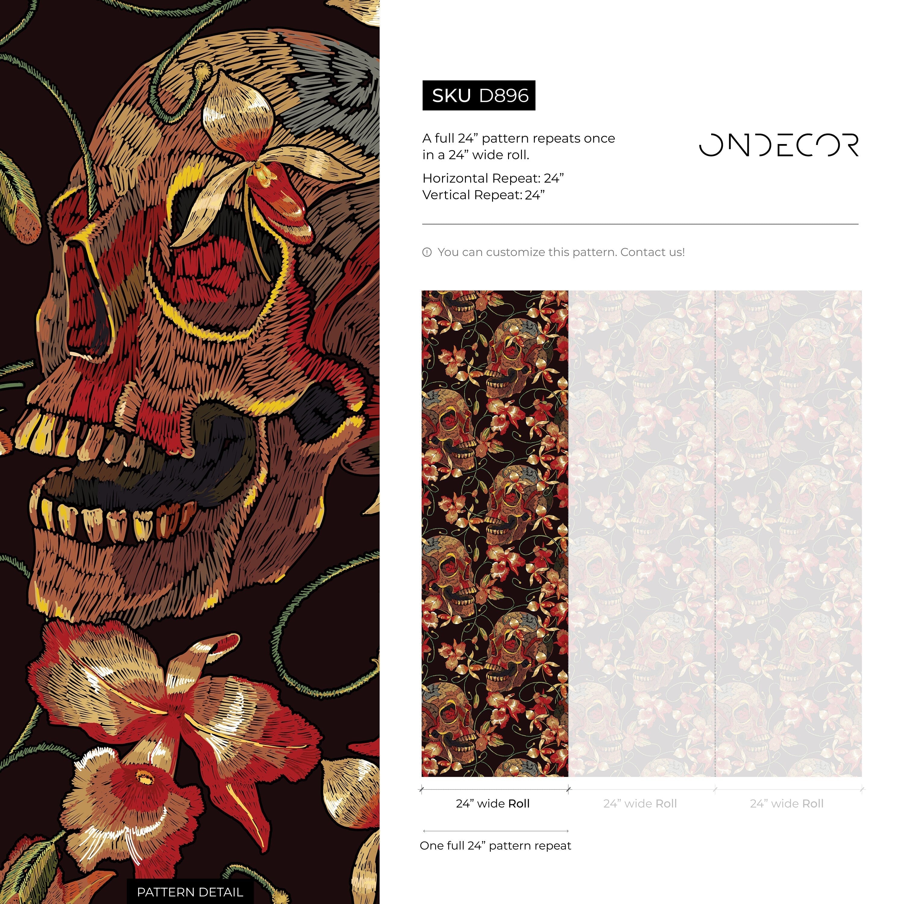 Skull Wallpaper With An Embroidered Floral Motif In Black, Red, And Yellow - D896